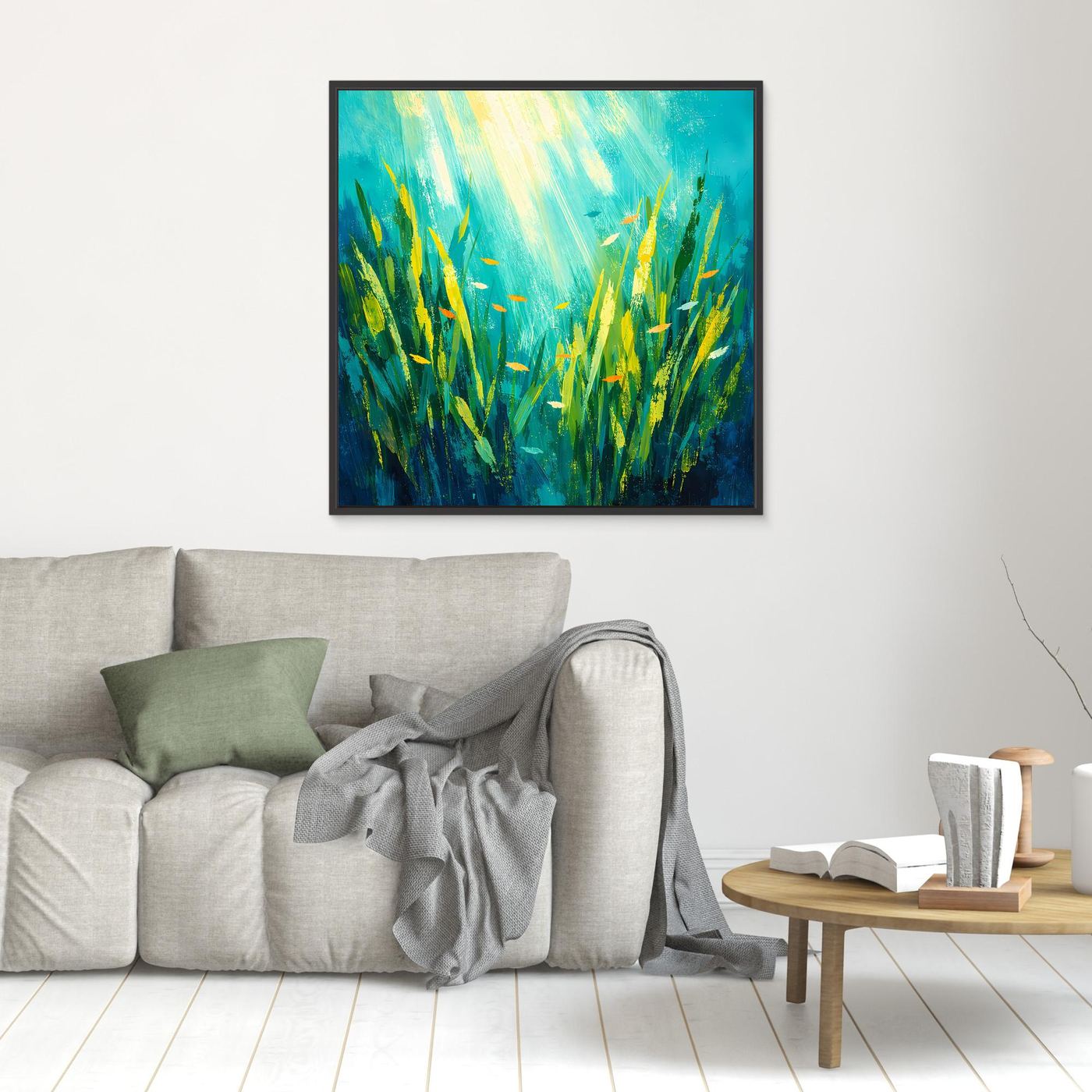 Leinwand Lichtdurchfluteter Algenwald unter Wasser | Abstraktes Ozean Wandbild