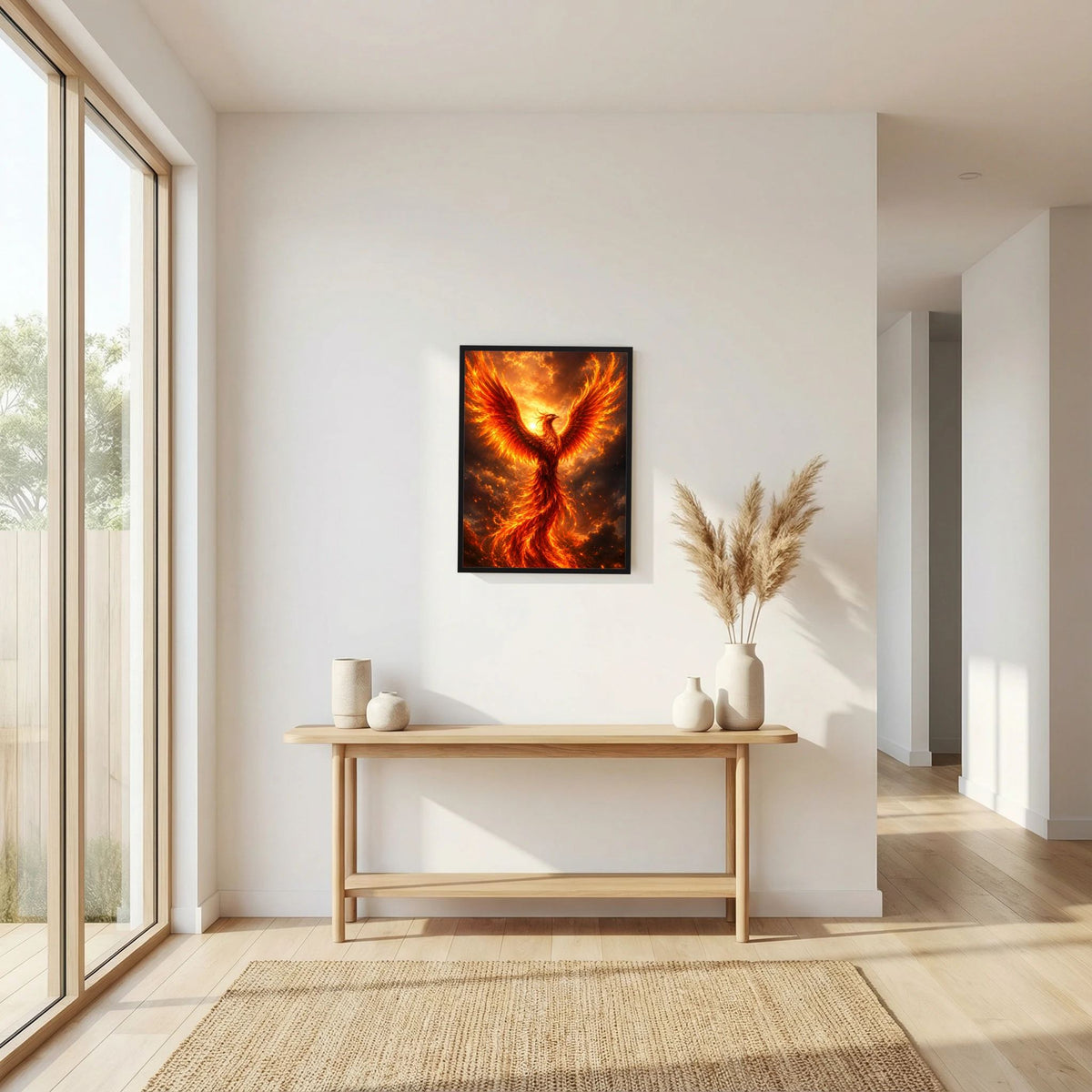 Wandposter mit flammendem Phönix, goldorange Flügel im schwarzen Rahmen