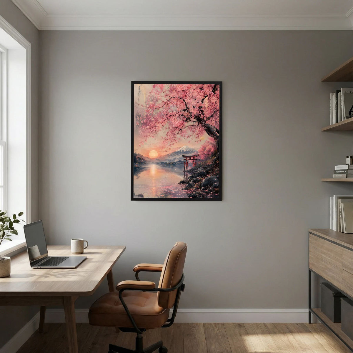 Gerahmtes Poster im Wohnraum: Kirschblüten über See mit Torii und Fuji