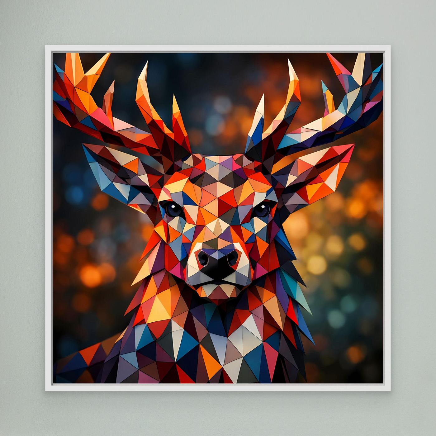 Gerahmtes Leinwandbild: geometrischer Hirsch in buntem Polygon-Stil, weiß gerahmt