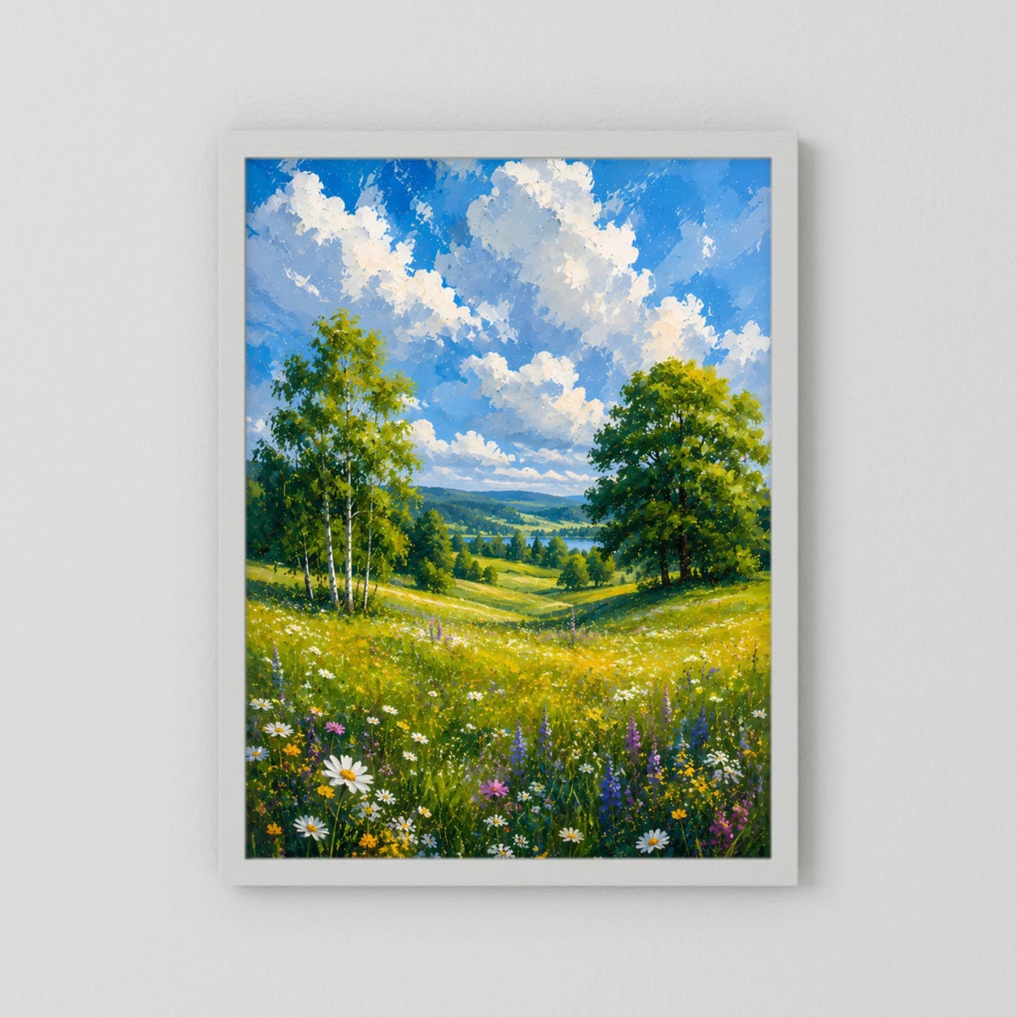 Kunstposter ohne Rahmen, nur weißer Rand, Motiv: Wiese mit Blumen und blauem Himmel.