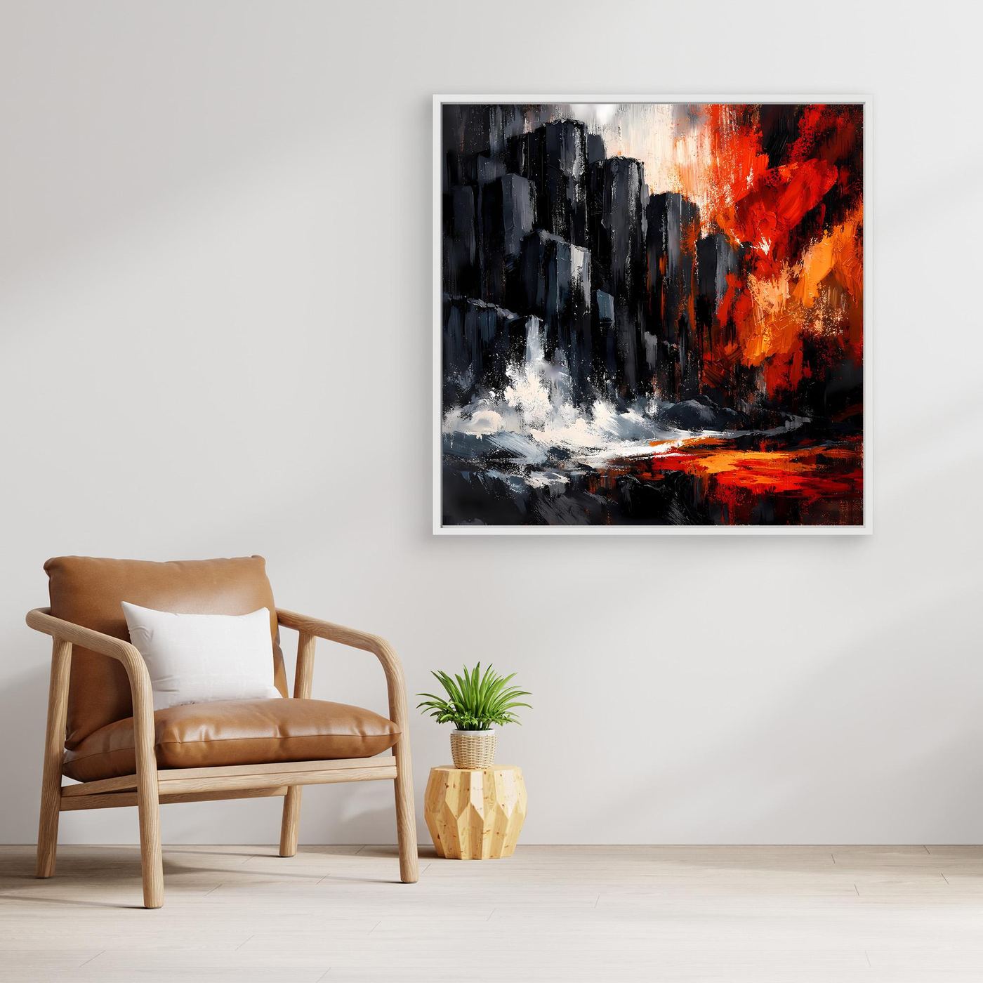Leinwand-Wandbild mit abstrakten Felsklippen und rotem Sonnenuntergang mit hellem Rahmen