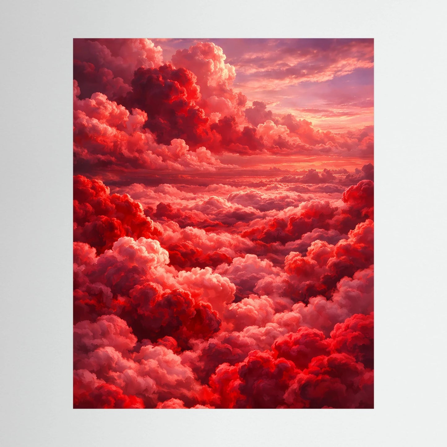 Hochformatiges Kunstposter mit roten Wolken und rosa Himmel beim Sonnenuntergang