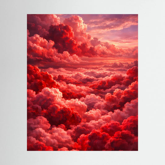 Hochformatiges Kunstposter mit roten Wolken und rosa Himmel beim Sonnenuntergang