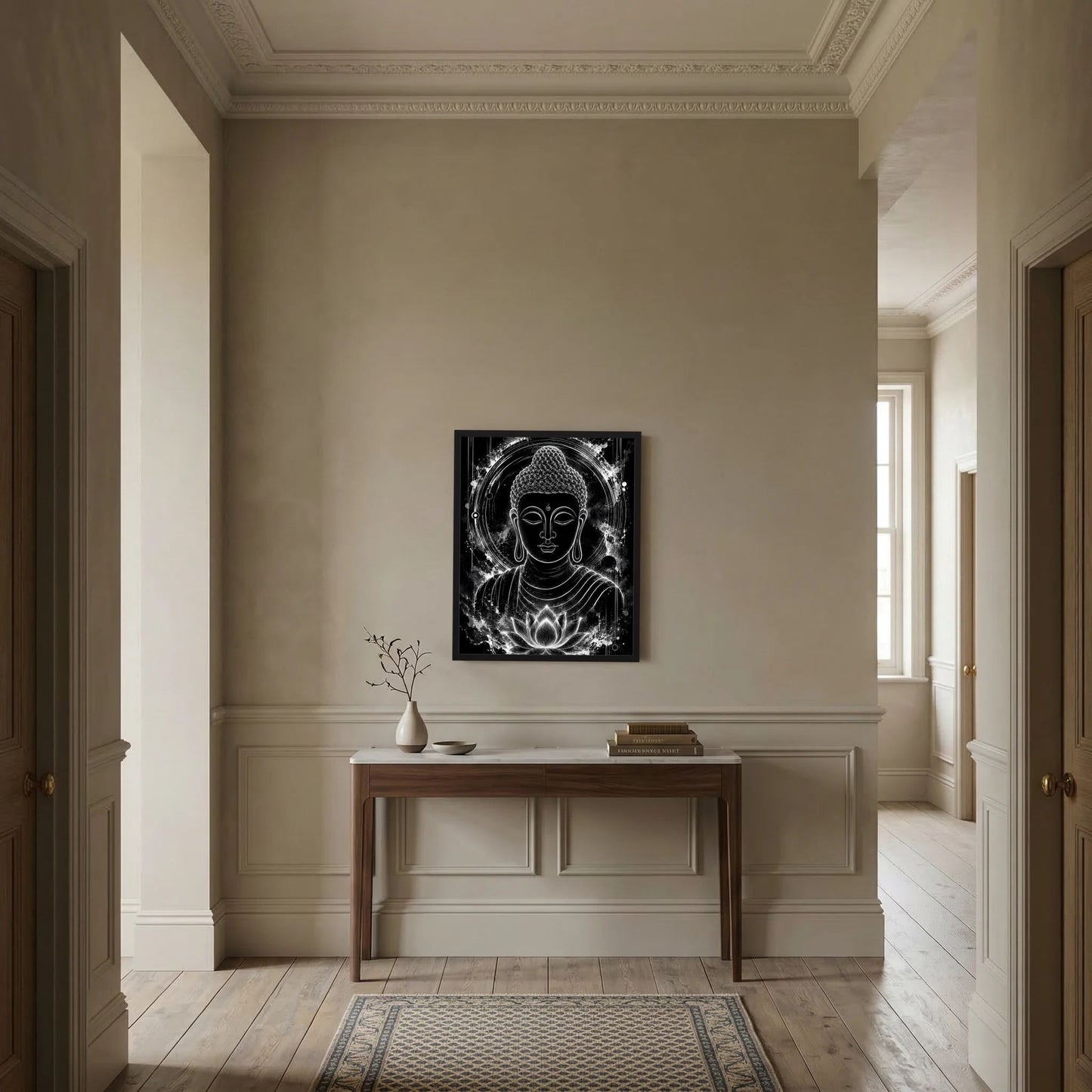 Gerahmtes Schwarz-weiß-Poster mit Buddha-Gesicht, Aura-Kreis und Lotuslinien