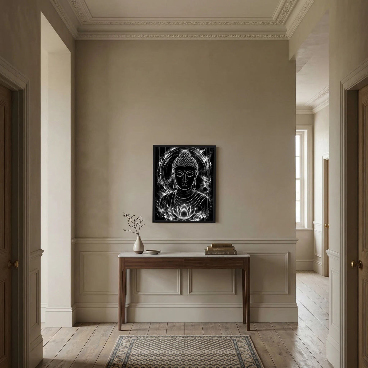 Gerahmtes Schwarz-weiß-Poster mit Buddha-Gesicht, Aura-Kreis und Lotuslinien