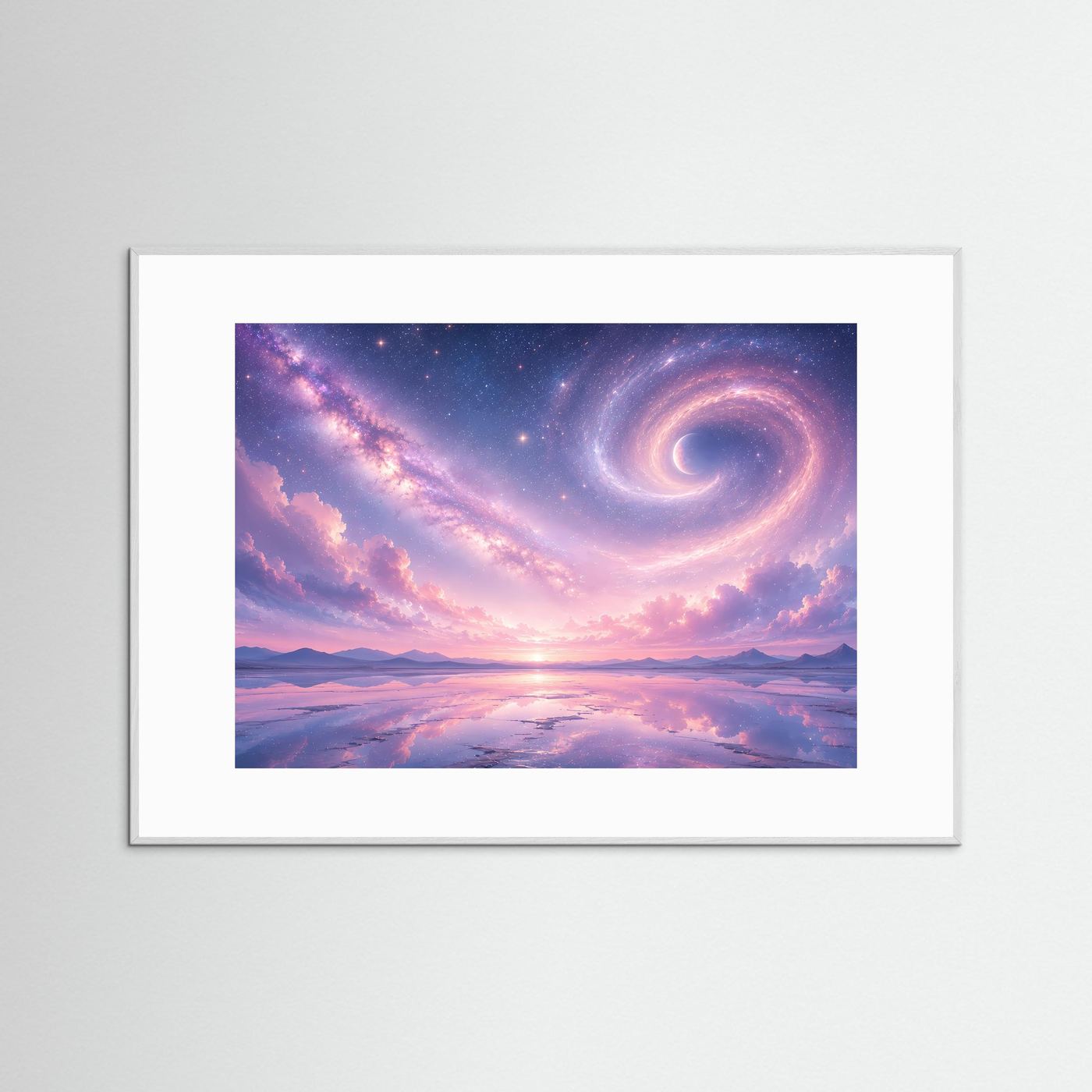 Pastell Galaxie Poster | Magischer Sternenhimmel mit Spiralnebel | Traumhafte Kosmos Wandkunst in Rosa & Lavendel