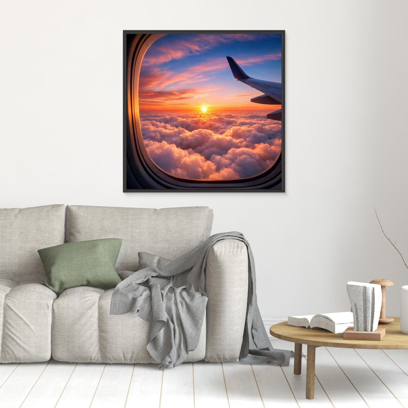 Leinwandbild mit Flugzeugfensterblick und Sonnenuntergang über Wolken, schwarzer Rahmen