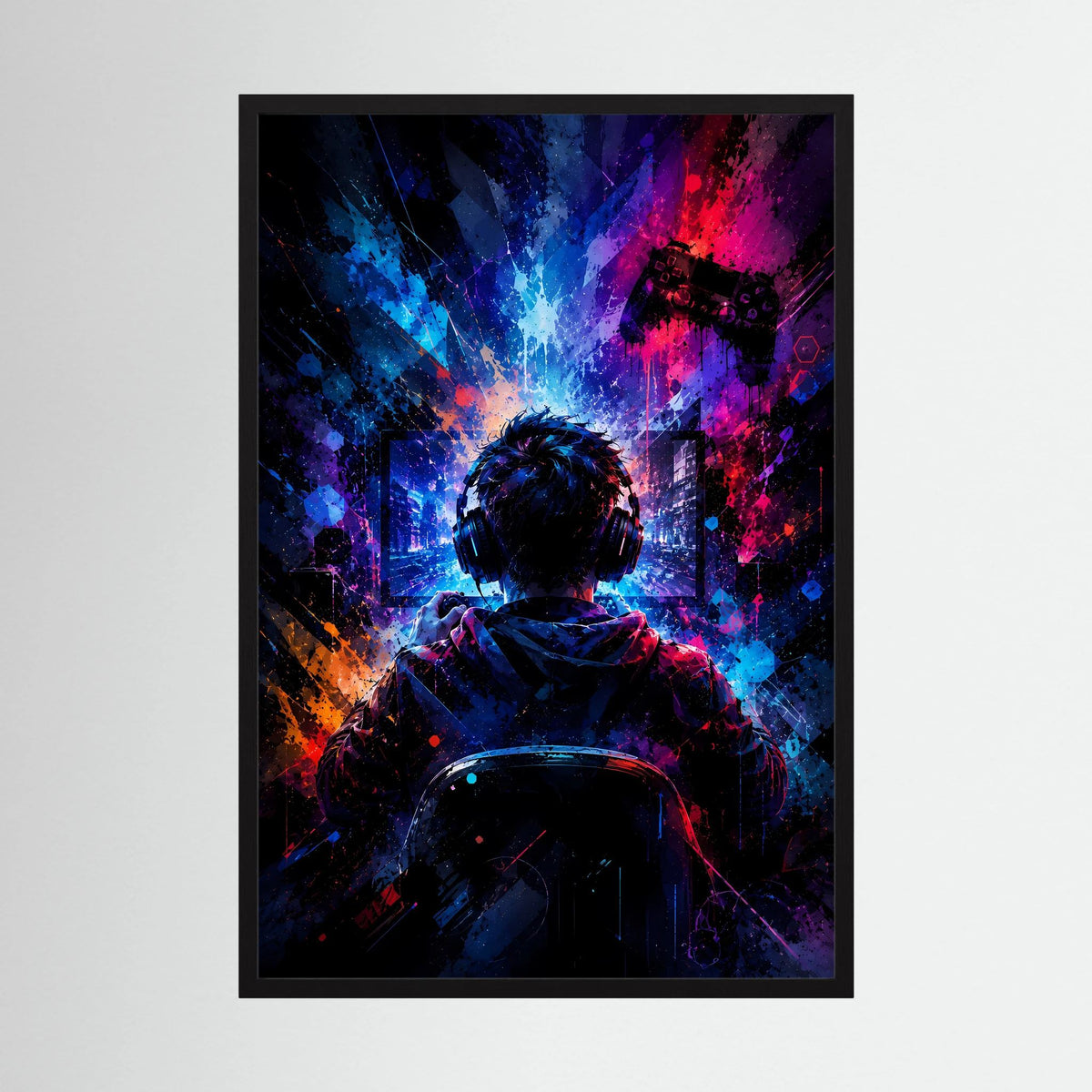 Poster im Hochformat mit schwarzem Rahmen, Neon-Gamer mit Headset und Controller