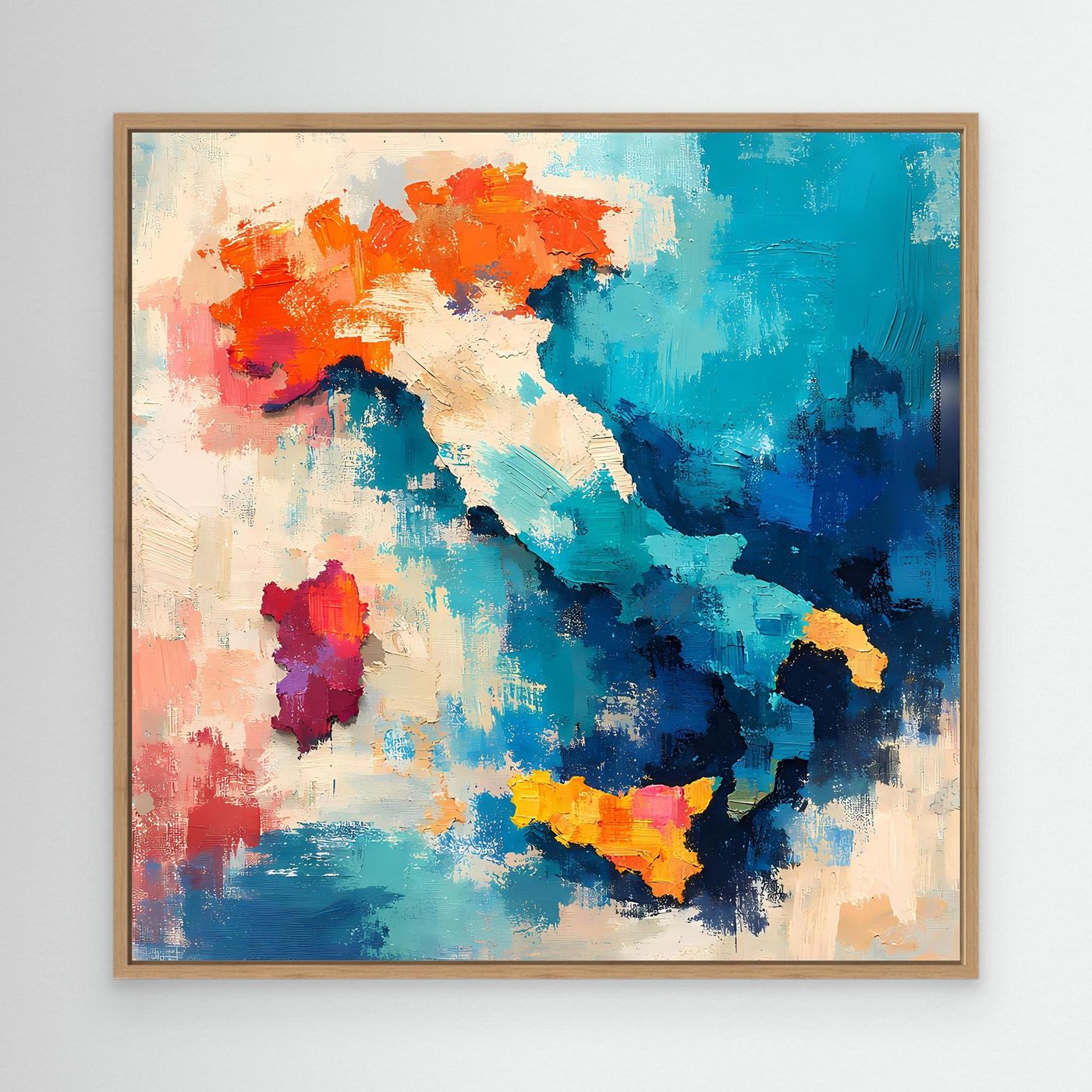 Abstract Italy map wall canvas with blue, orange, and red blotches in oak frame