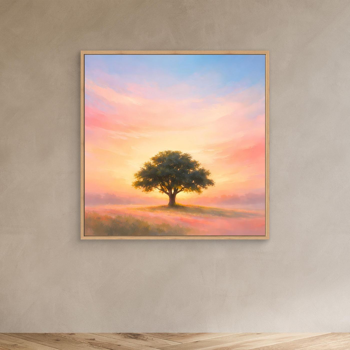Wandbild mit einsamem Baum bei Sonnenaufgang, Pastellfarben, Holzrahmen
