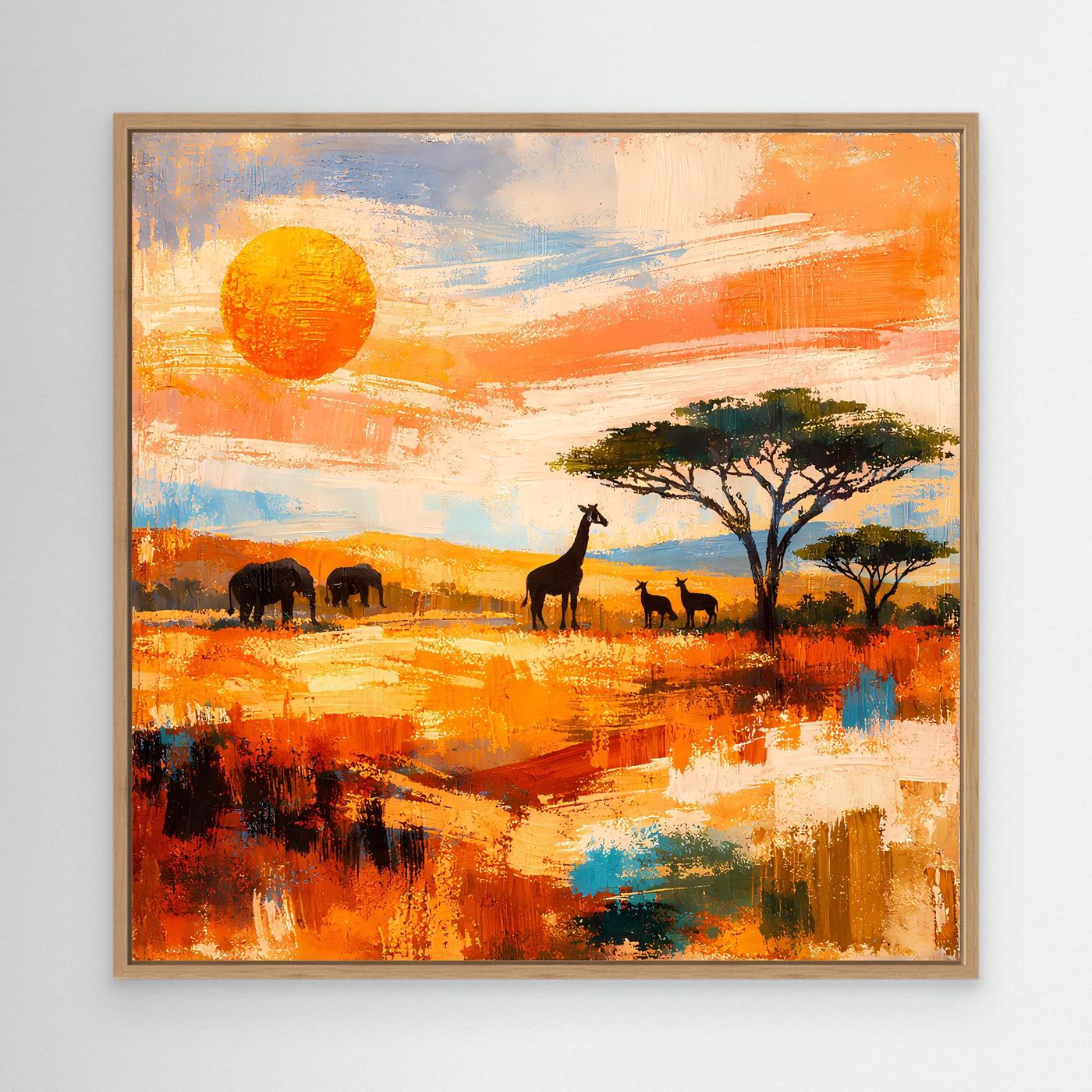 Abstraktes Leinwandbild Savanne mit Eichenholzrahmen, Sonne, Baum und Tier-Silhouetten