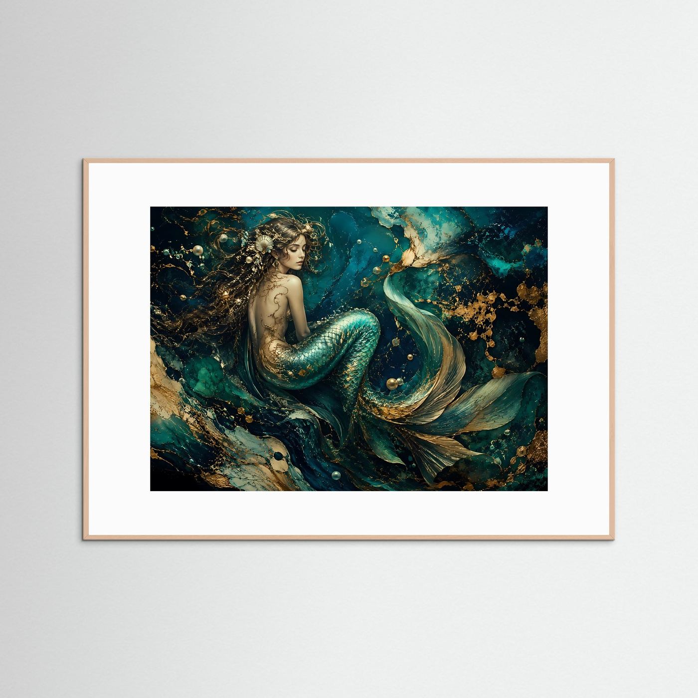 Mystische Meerjungfrau in Türkis & Gold | Luxuriöse Unterwasser Fantasy Kunst – Poster Querformat