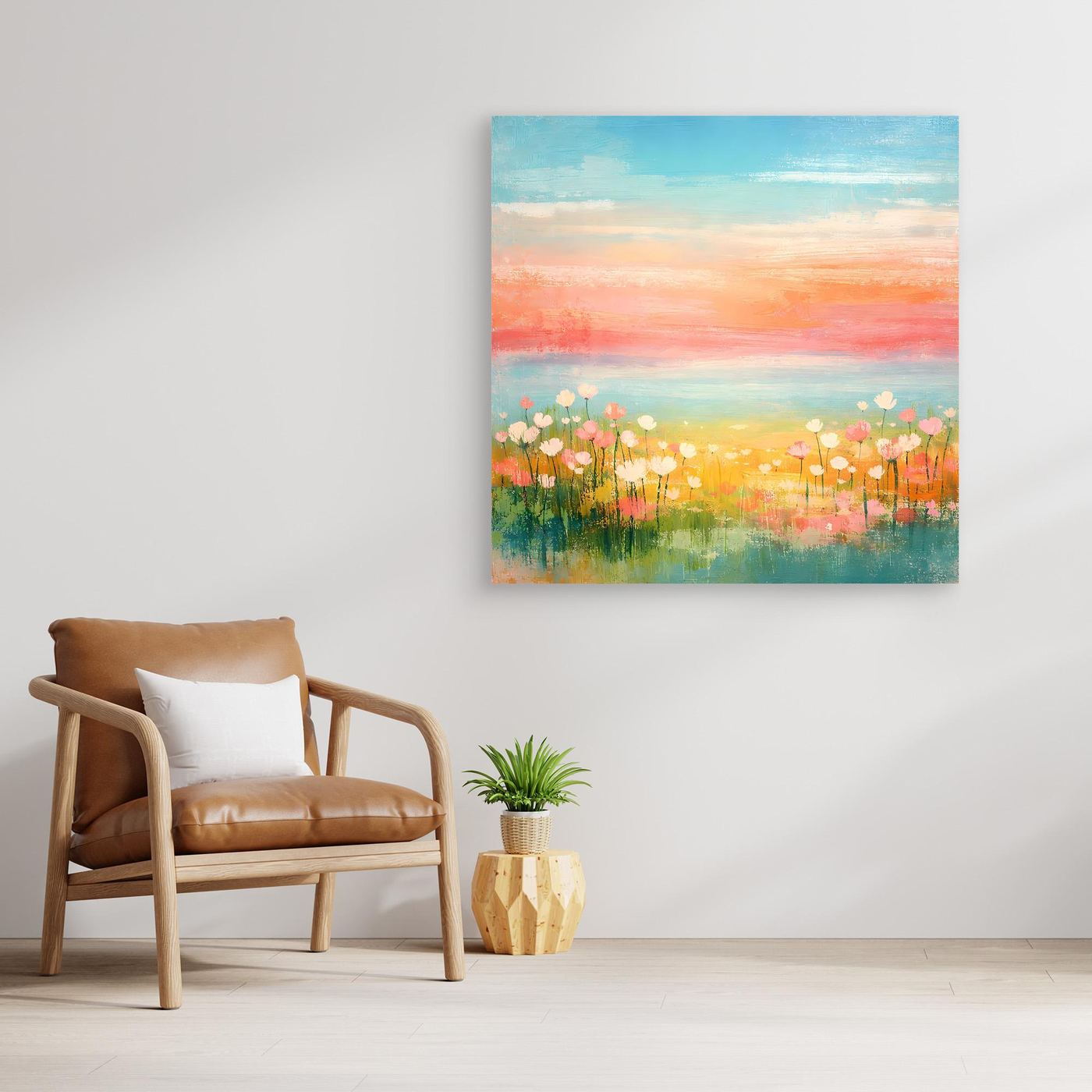 Leinwand-Wandbild mit Küste und Blumenwiese, Pastellfarben, ohne Rahmen