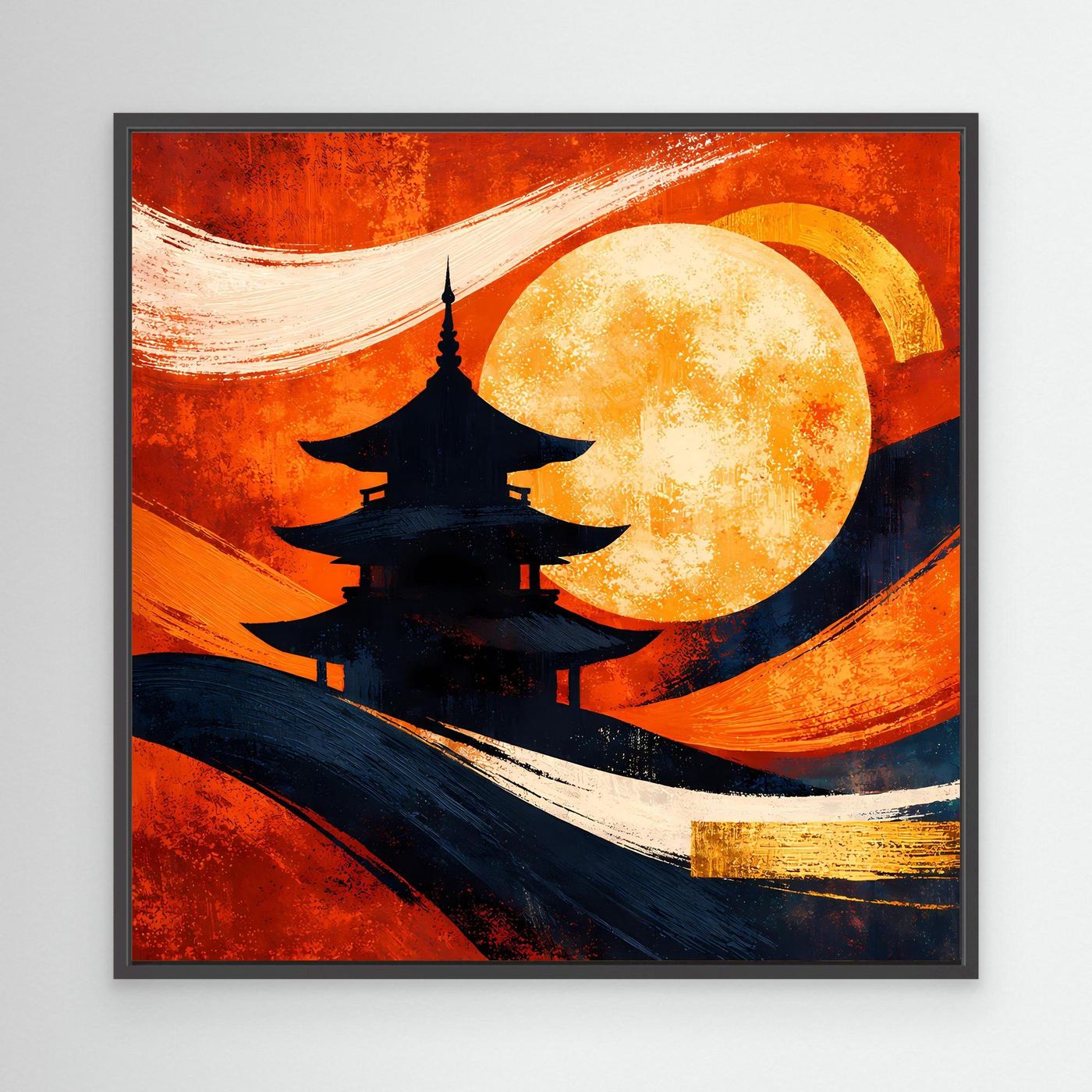 Leinwandbild mit Pagode und Vollmond, abstrakt in Rot-Orange und Blau, im schwarzen Rahmen