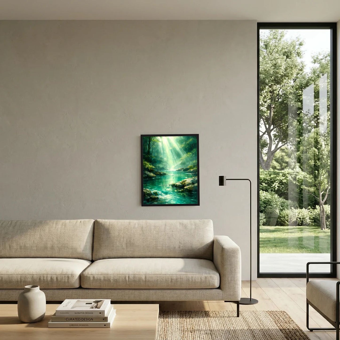 Wandbild mit leuchtendem Fluss im Wald und Lichtstrahlen, gerahmt