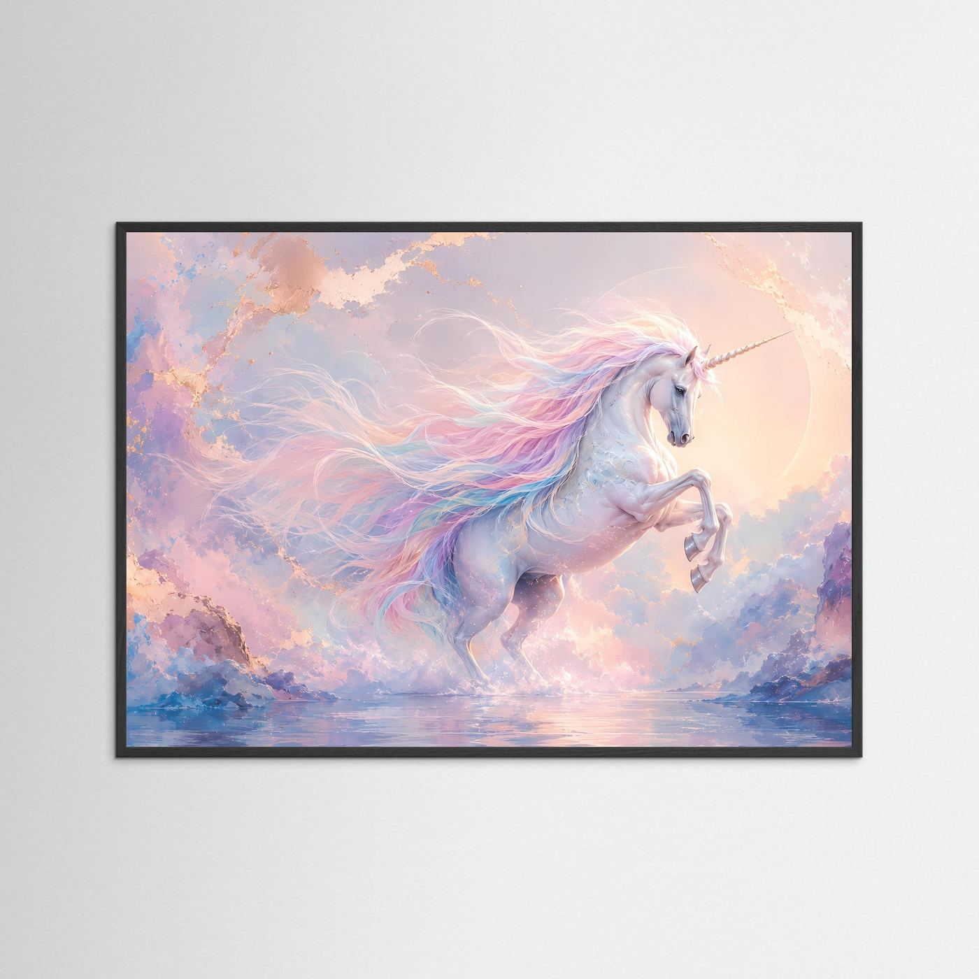 Magisches Einhorn in Pastell | Fantasie Wandbild in Rosa, Blau & Gold