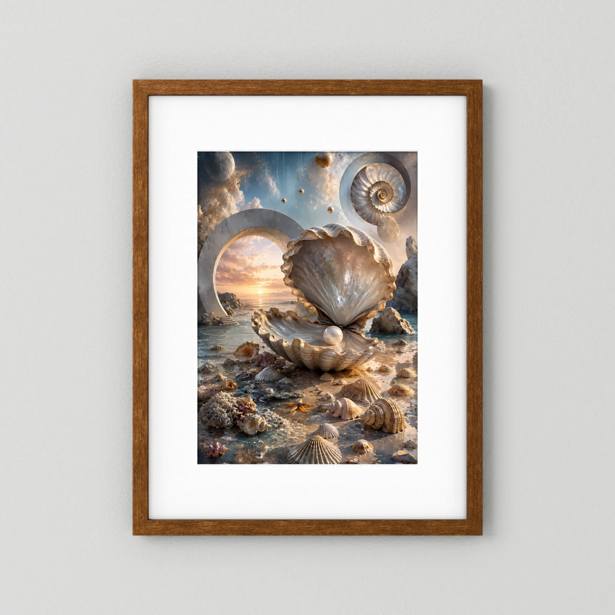 Hochformat-Poster mit Muschelmotiv in Creme und Gold, brauner Holzrahmen