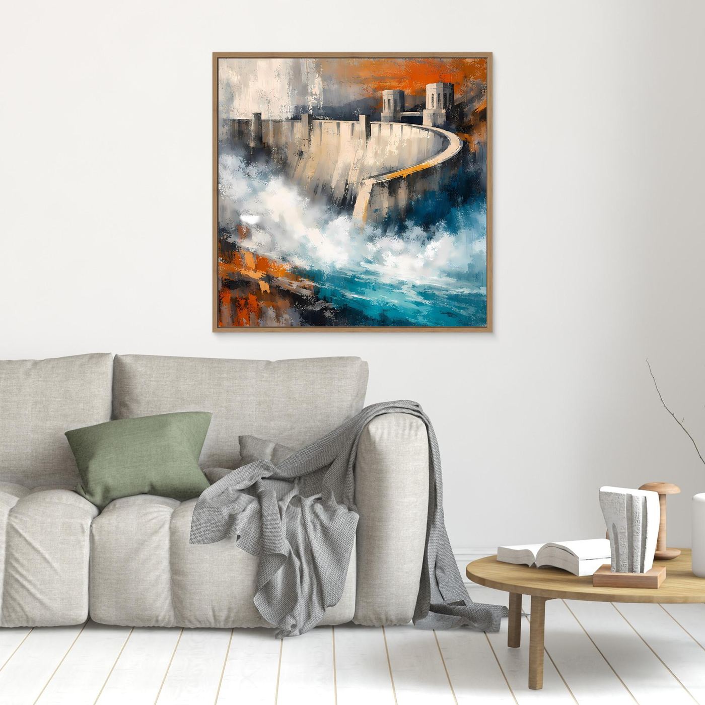 Abstraktes Leinwand-Wandbild mit braunem Rahmen, Talsperre mit blauem Wasserverlauf