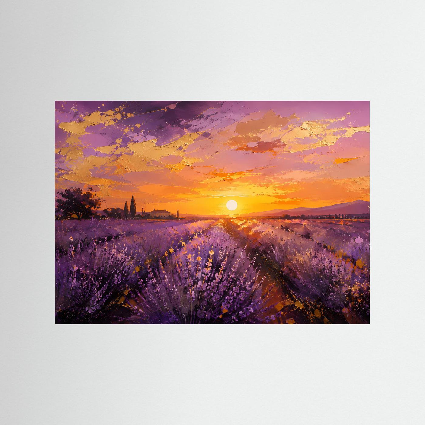 Poster mit abstraktem Lavendelfeld und Sonnenuntergang, ohne Rahmen