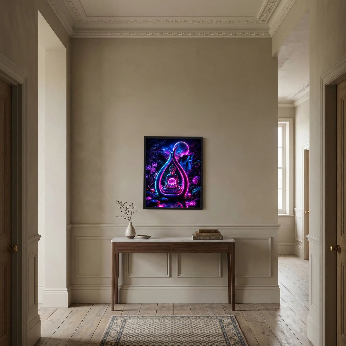 Gerahmtes Neon-Buddha-Poster mit Lotus und Mond, leuchtendes Tropfensymbol in Lila