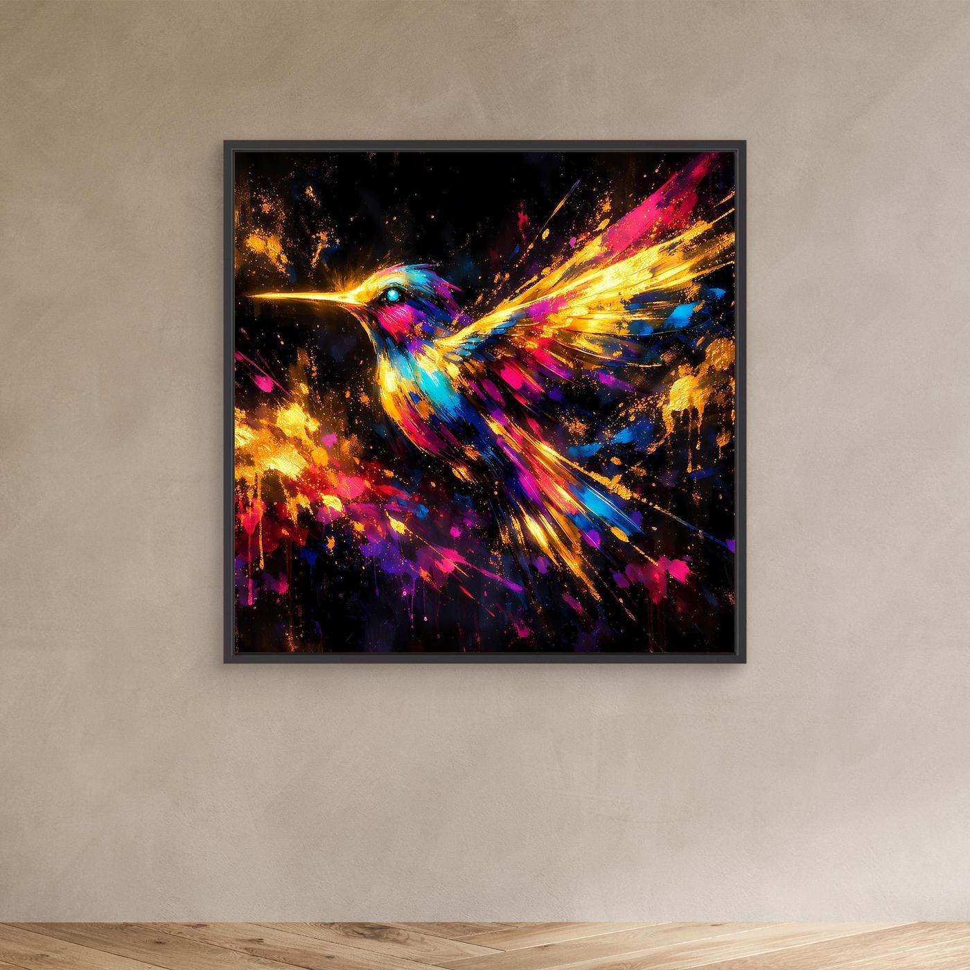 Leinwand Farbenfroher Kolibri im Flug | Abstraktes Modernes Wandbild Bunt