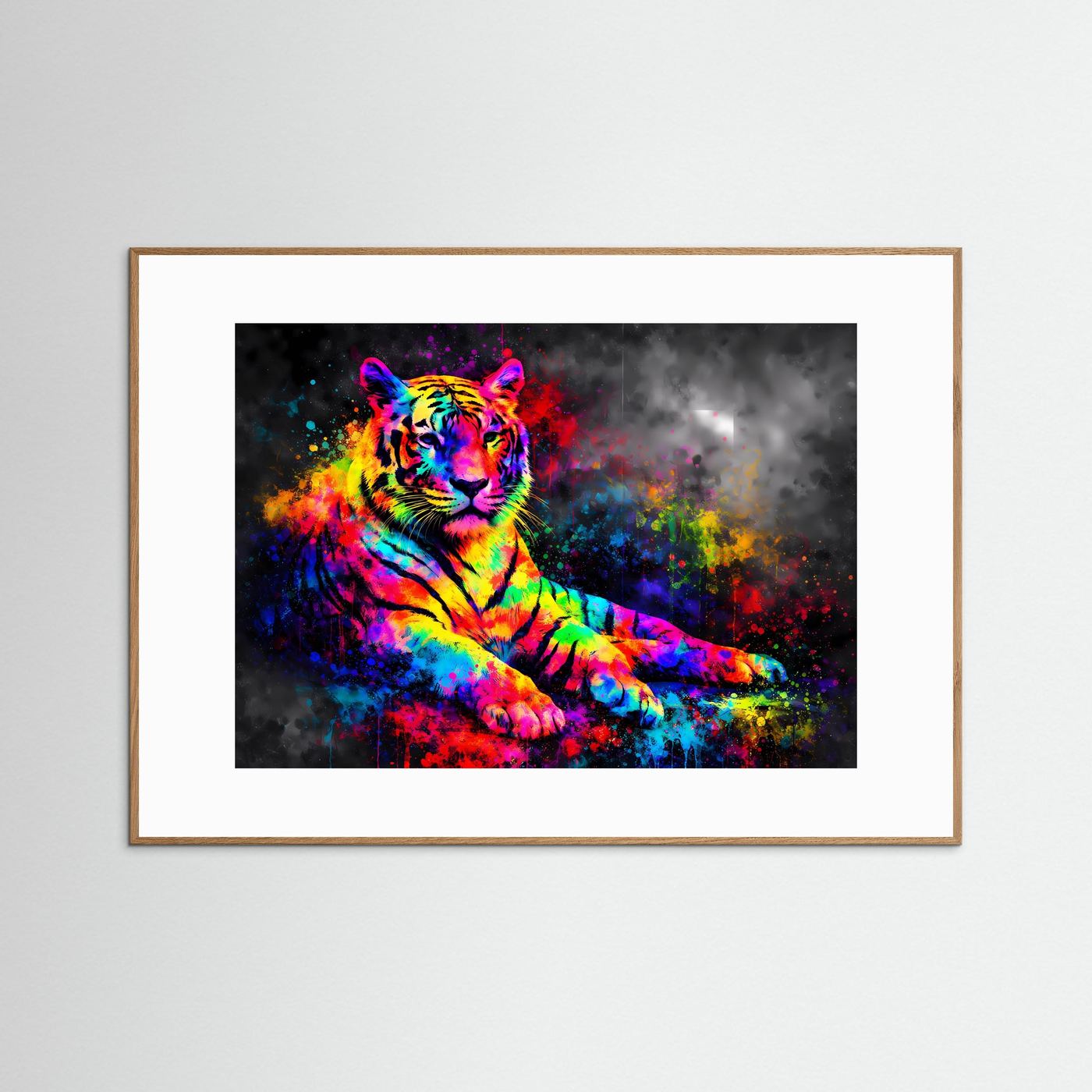 Tiger-Graffiti-Kunstposter (Querformat) mit Neon-Tiger im naturfarbenen Holzrahmen
