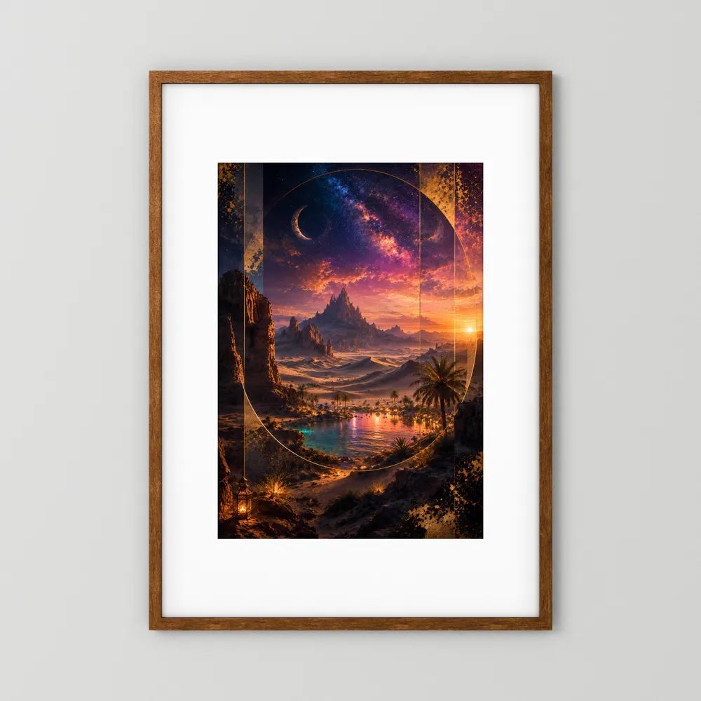 Hochformatiges Poster mit Holzrahmen und weißem Passepartout, surreale Wüstenlandschaft.