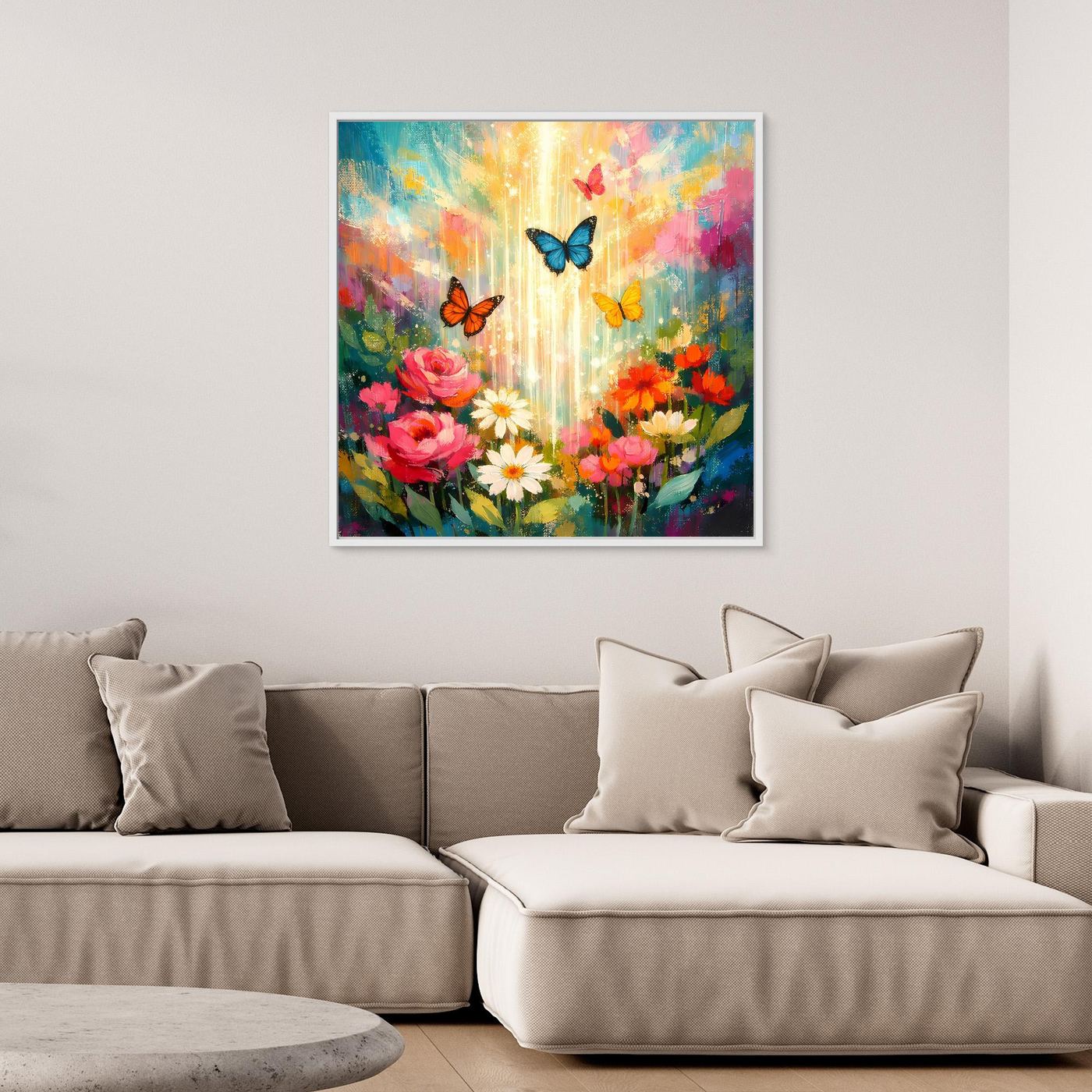 Wandbild Leinwand mit bunten Blumen und Schmetterlingen im weißen Rahmen