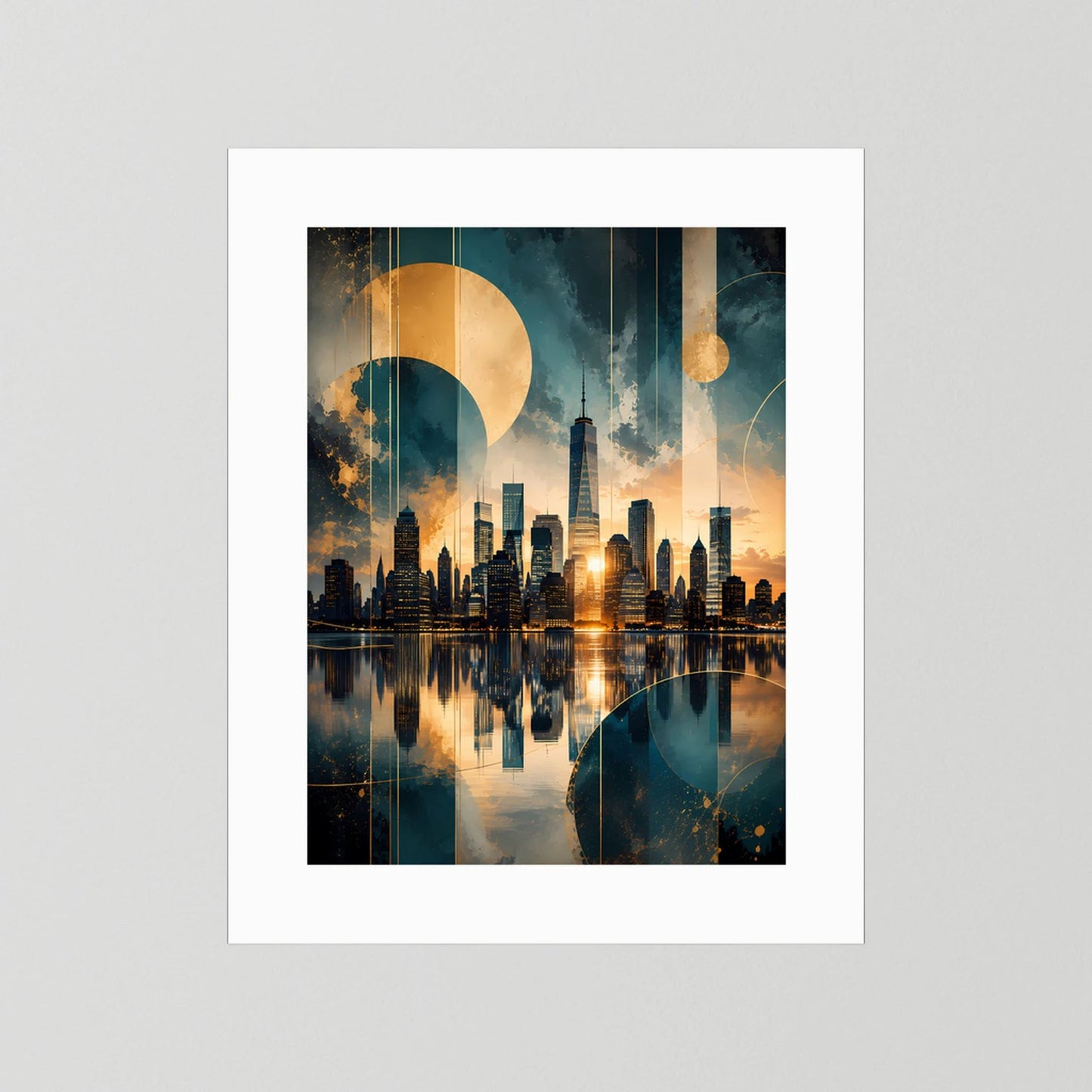 Poster im Hochformat mit abstrakter Skyline in Gold und Petrol, weißer Rand