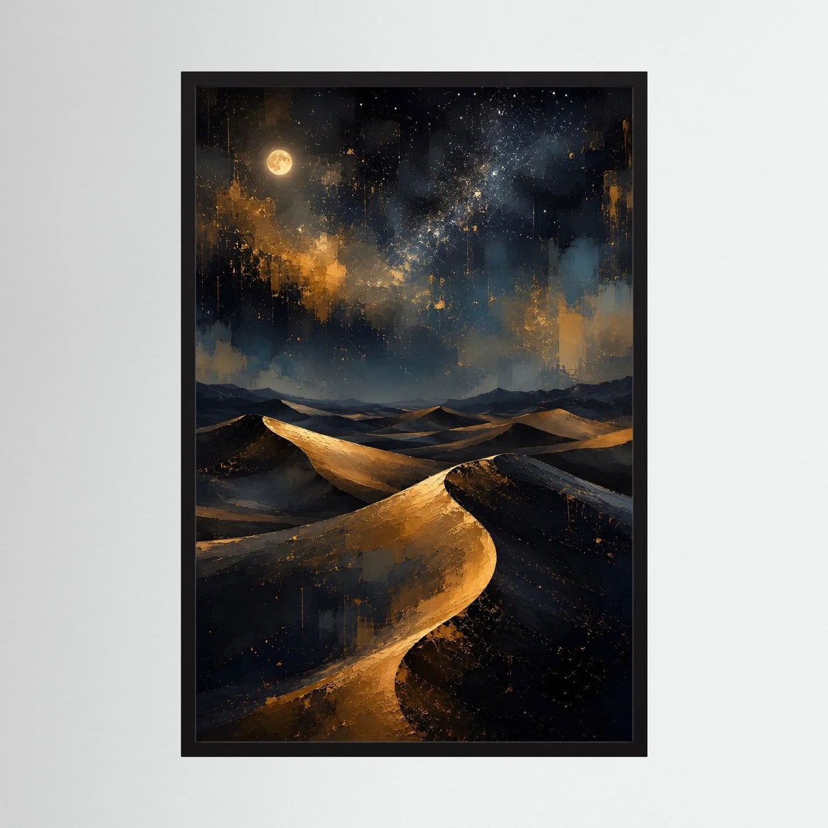 Poster mit goldener Dünenlandschaft bei Nacht, schwarzer Rahmen