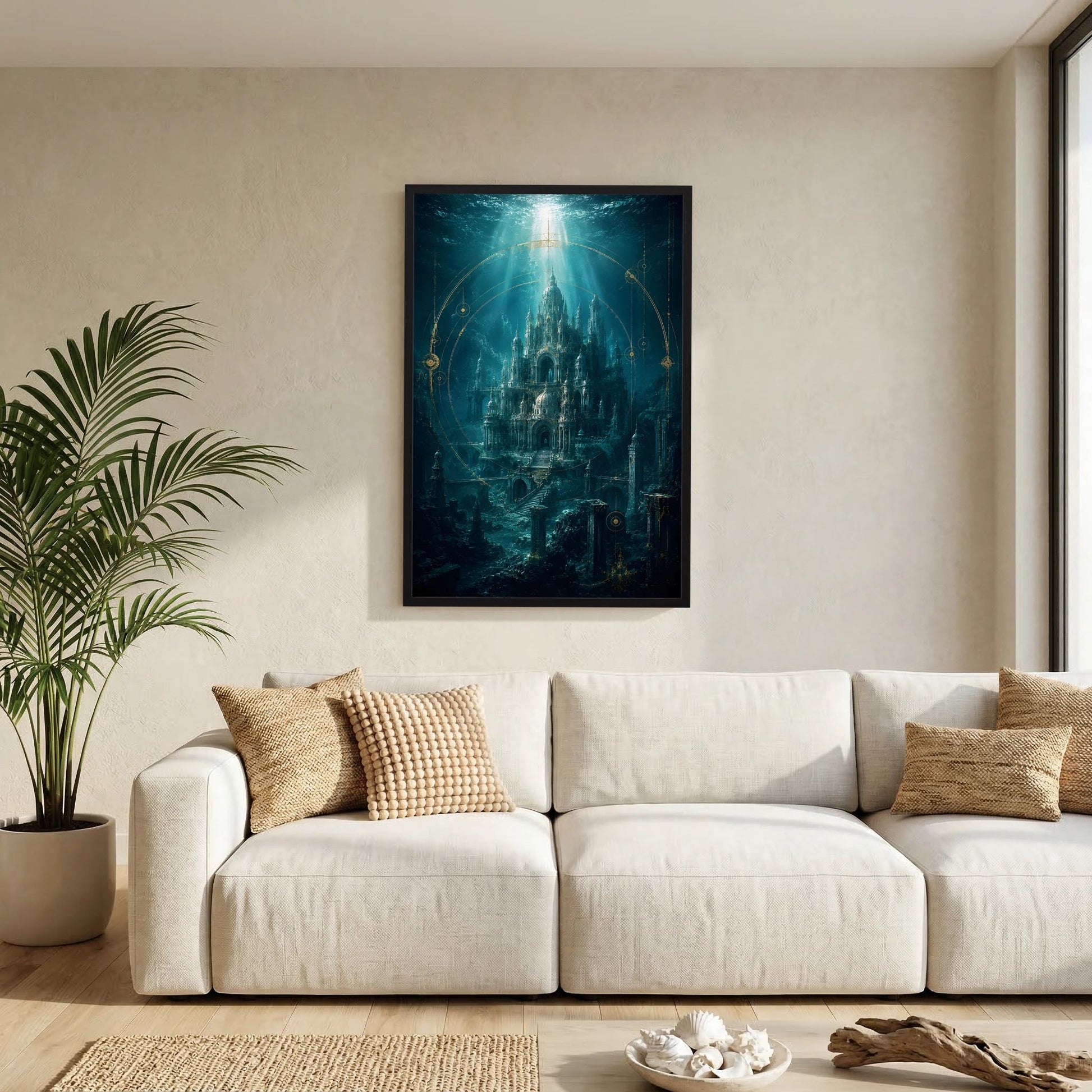 Gerahmtes Kunstposter mit schwarzem Rahmen, Unterwasserstadt in Türkis und Gold