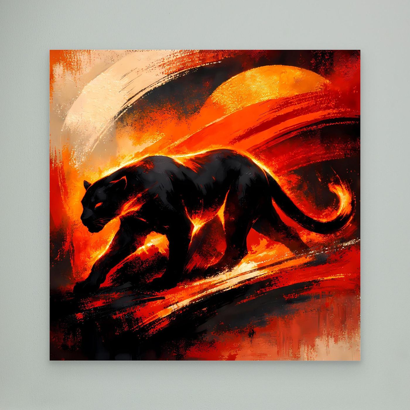 Leinwandbild mit schwarzem Panther in abstraktem Feuerrot, Nahansicht