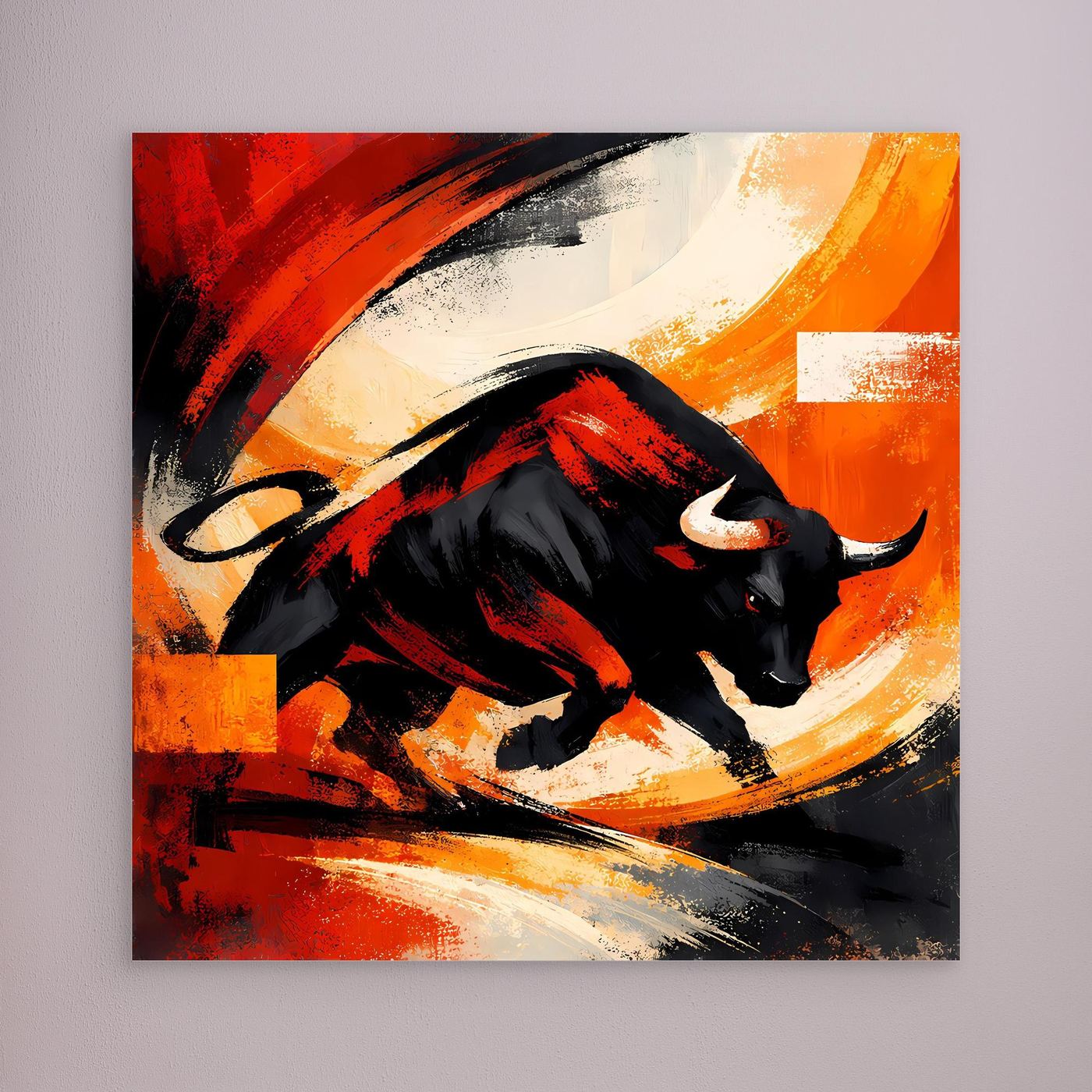 Leinwandbild mit schwarzem Stier in Rot-Orange-Abstrakt, ohne sichtbaren Rahmen