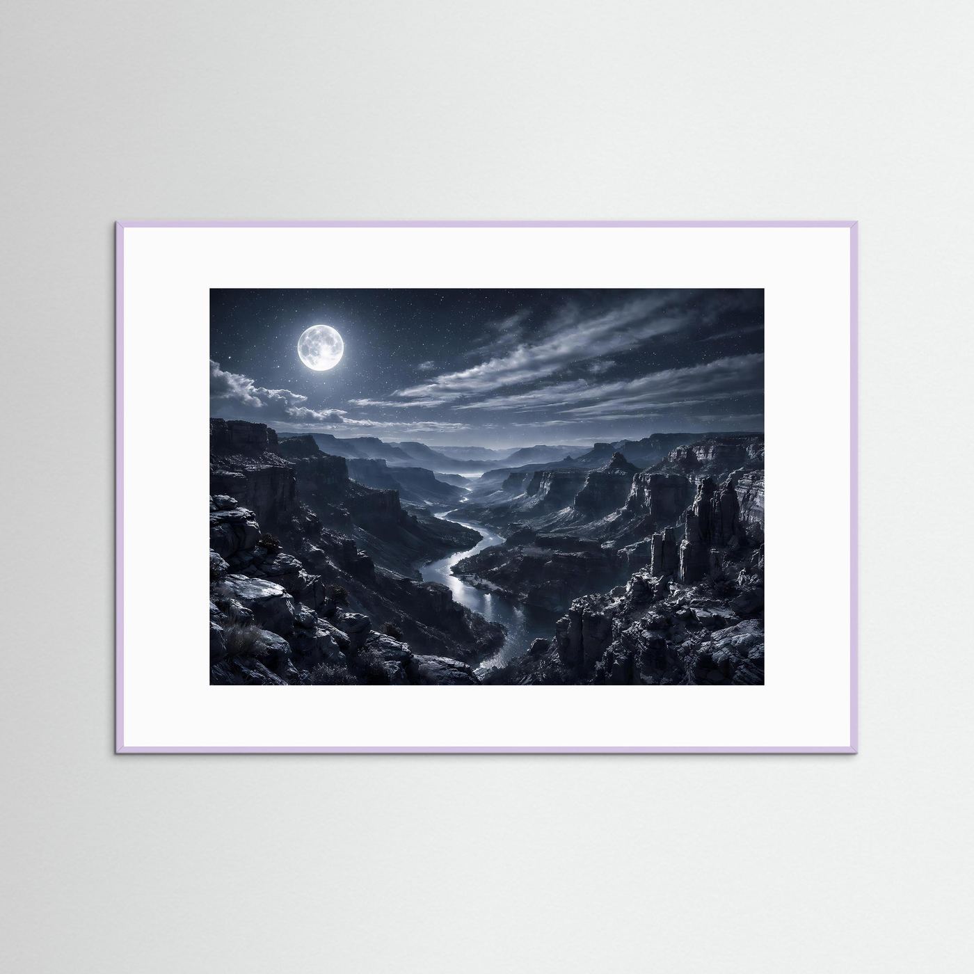 Wandbild-Poster mit weißem Rahmen und mondbelebter Canyonlandschaft im Nachtstil