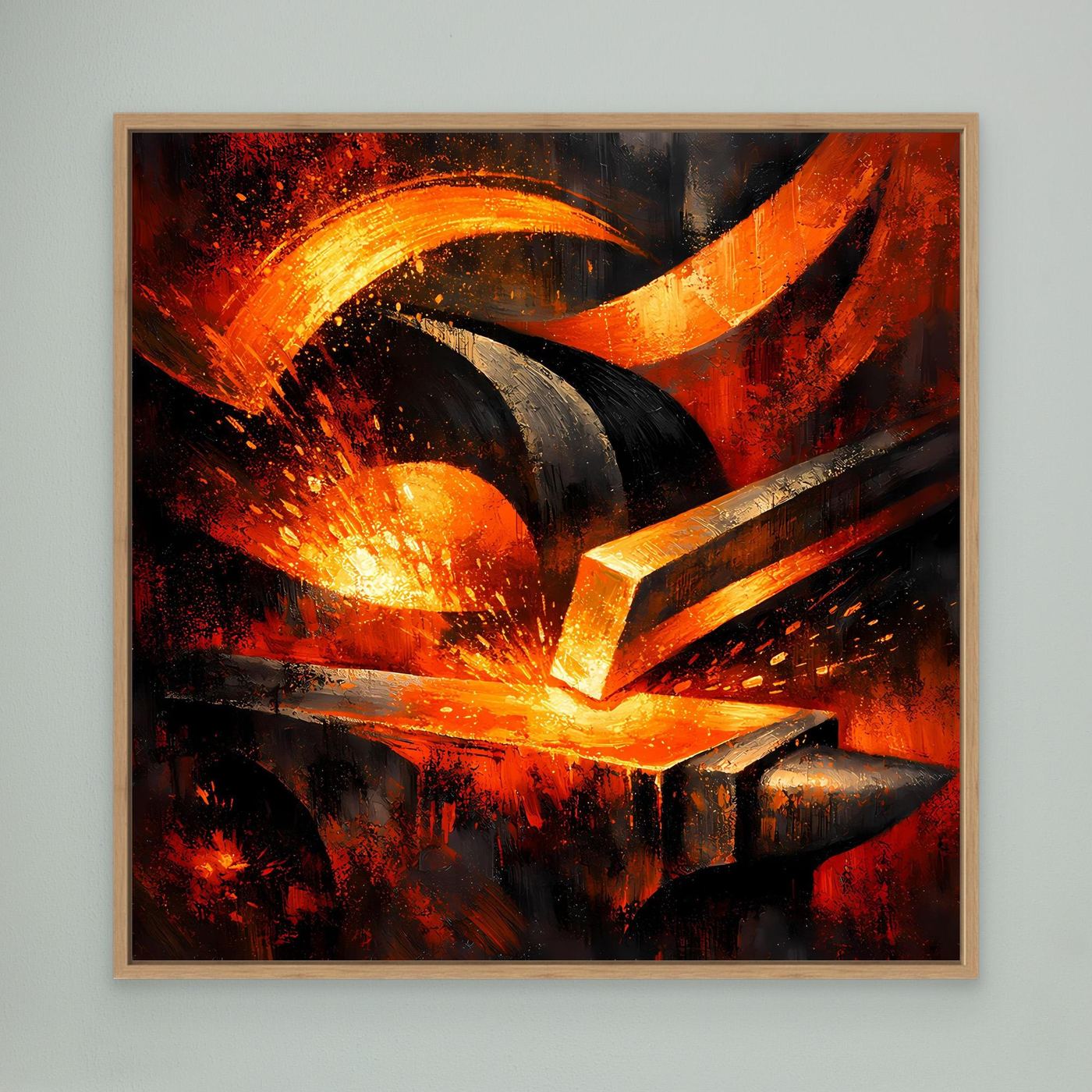 Abstraktes Leinwandbild mit Amboss und Hammer im Feuer, Funken, braun gerahmt