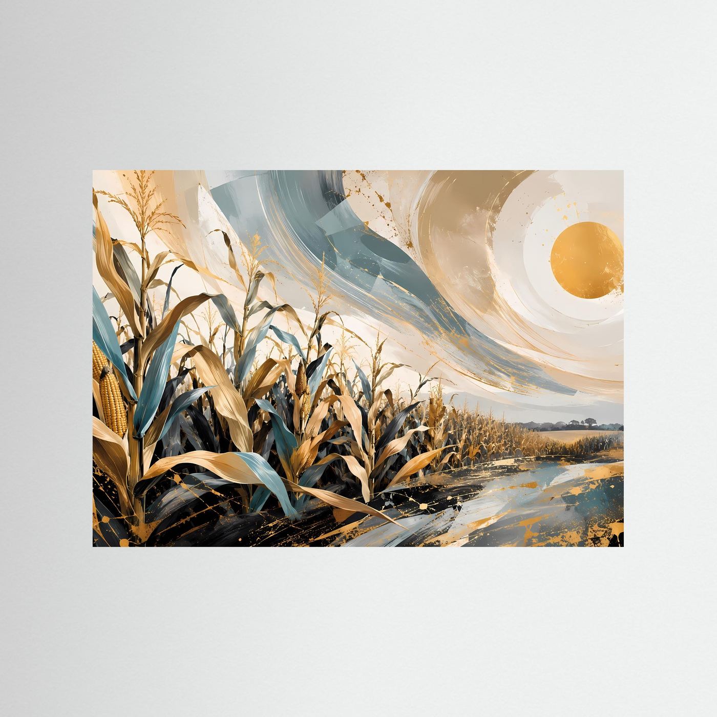 Maisfeld Poster | Abstrakte Landschaft Wandbild | Gold Blau Naturkunst | Modernes Feld Panorama | Eleganter Kunstdruck