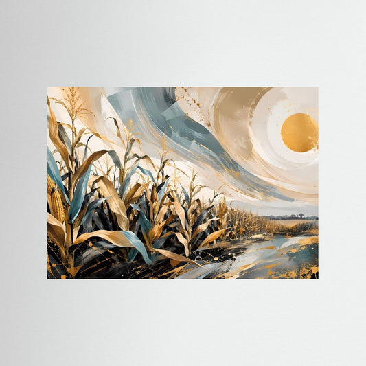 Abstraktes Landschafts-Wandbild mit Maisfeld, Fluss und goldener Sonne