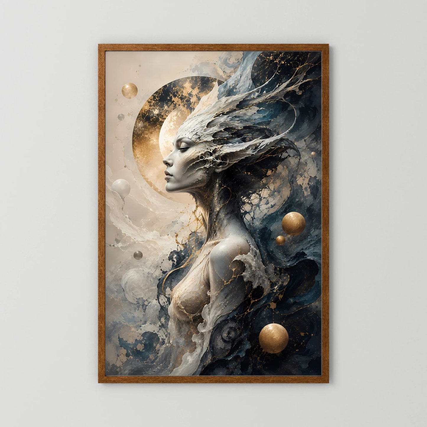 Kosmische Göttin | Mystische Fantasy Frau in Schwarz Gold | Poster Hochformat
