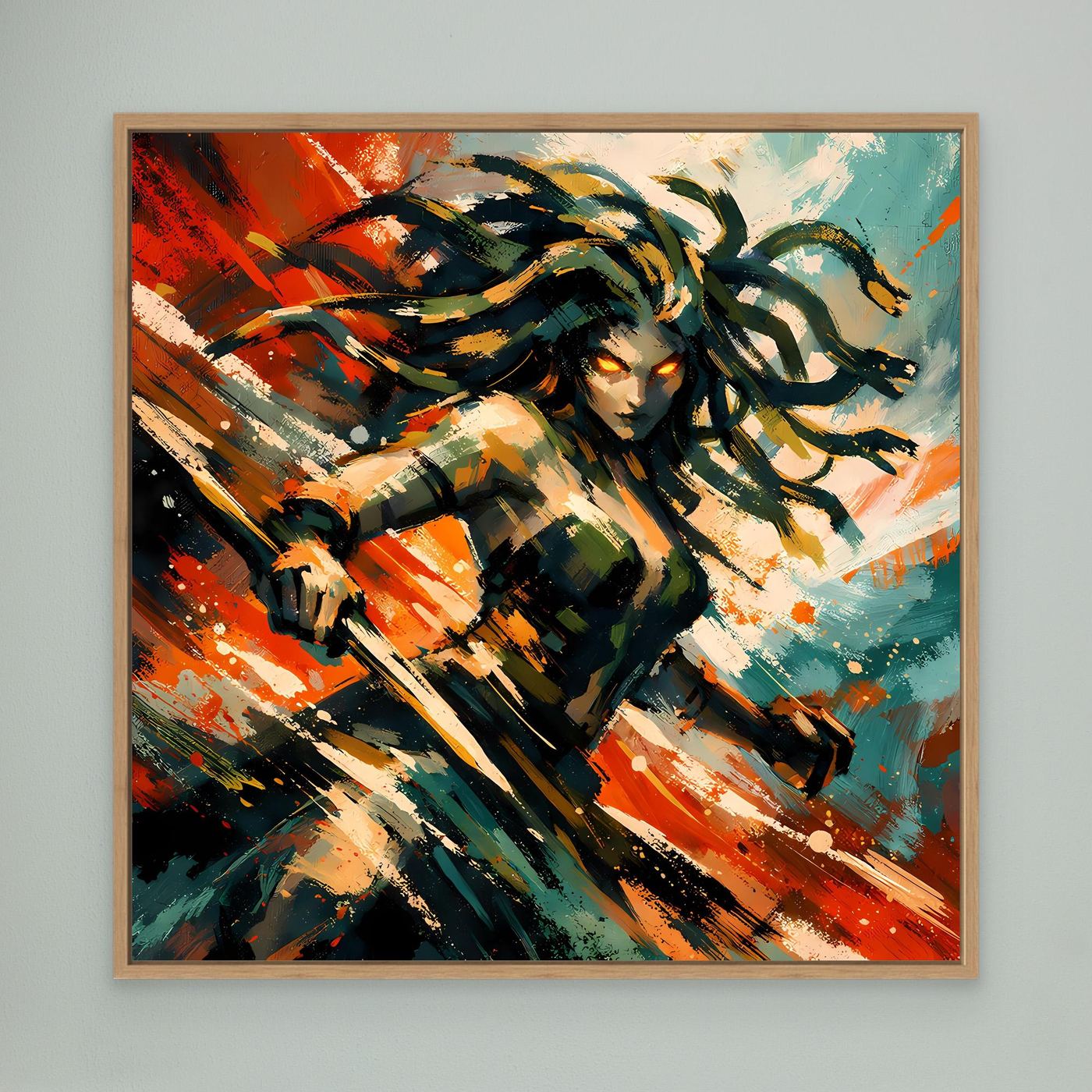Leinwand Mythische Medusa im Action-Stil | Dynamisches Wandbild auf echter Leinwand