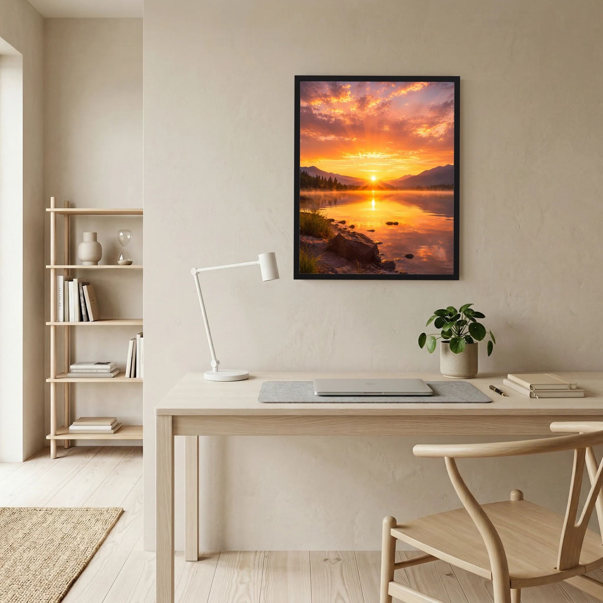 Gerahmtes Poster im Hochformat mit Sonnenuntergang am Bergsee, Berge und Ufer im Bild