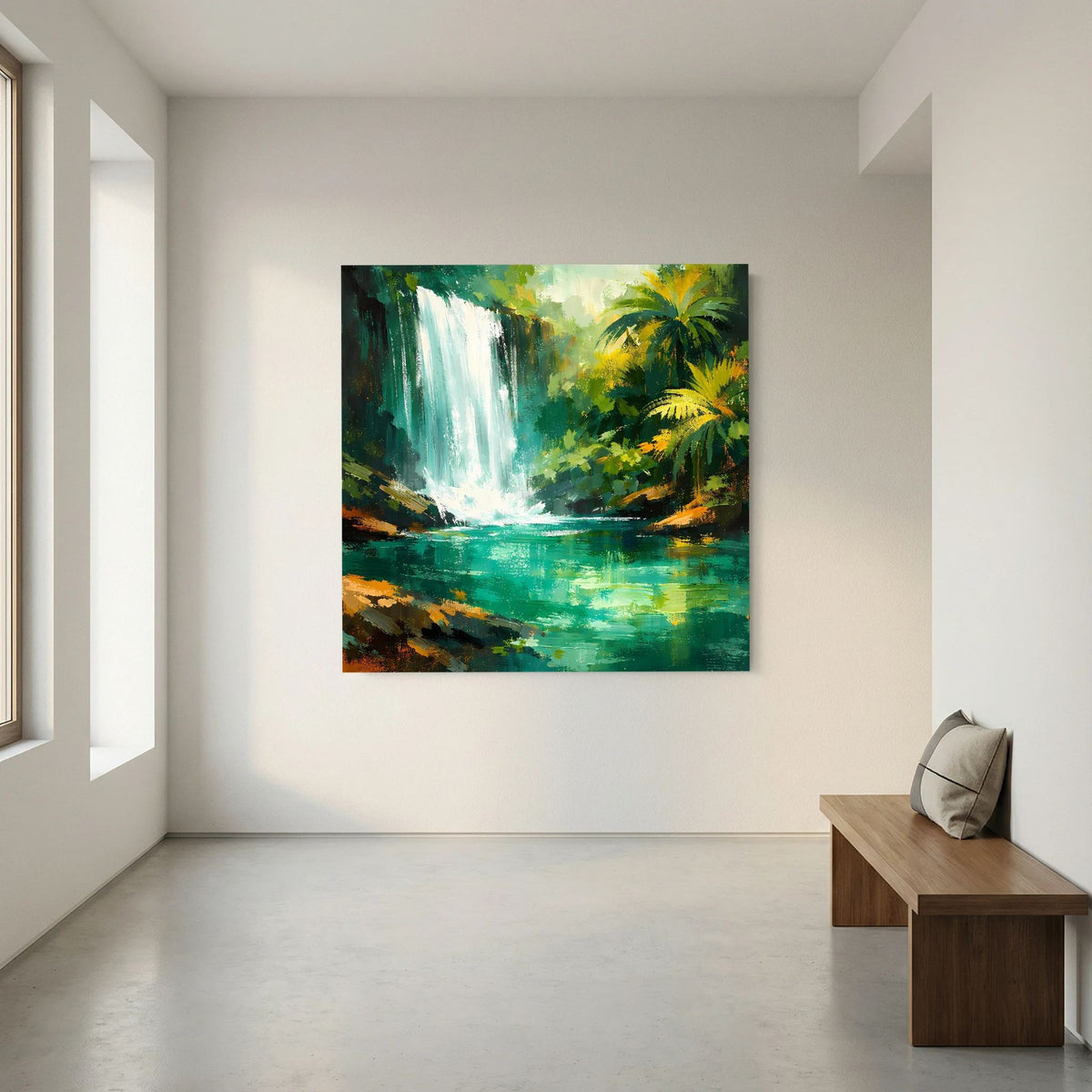Leinwand-Wandbild Wasserfall-Landschaft mit Dschungelgrün und Palmen, abstrakte Malerei