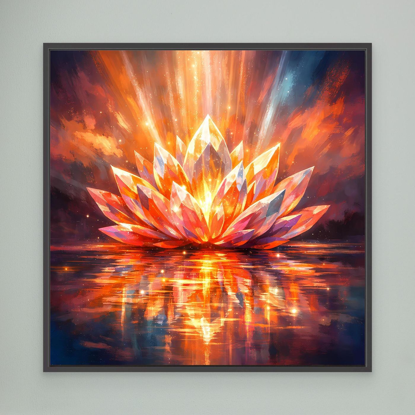 Leinwandbild mit leuchtender Lotusblüte, orange-gelben Strahlen, Spiegelung, schwarzer Rahmen