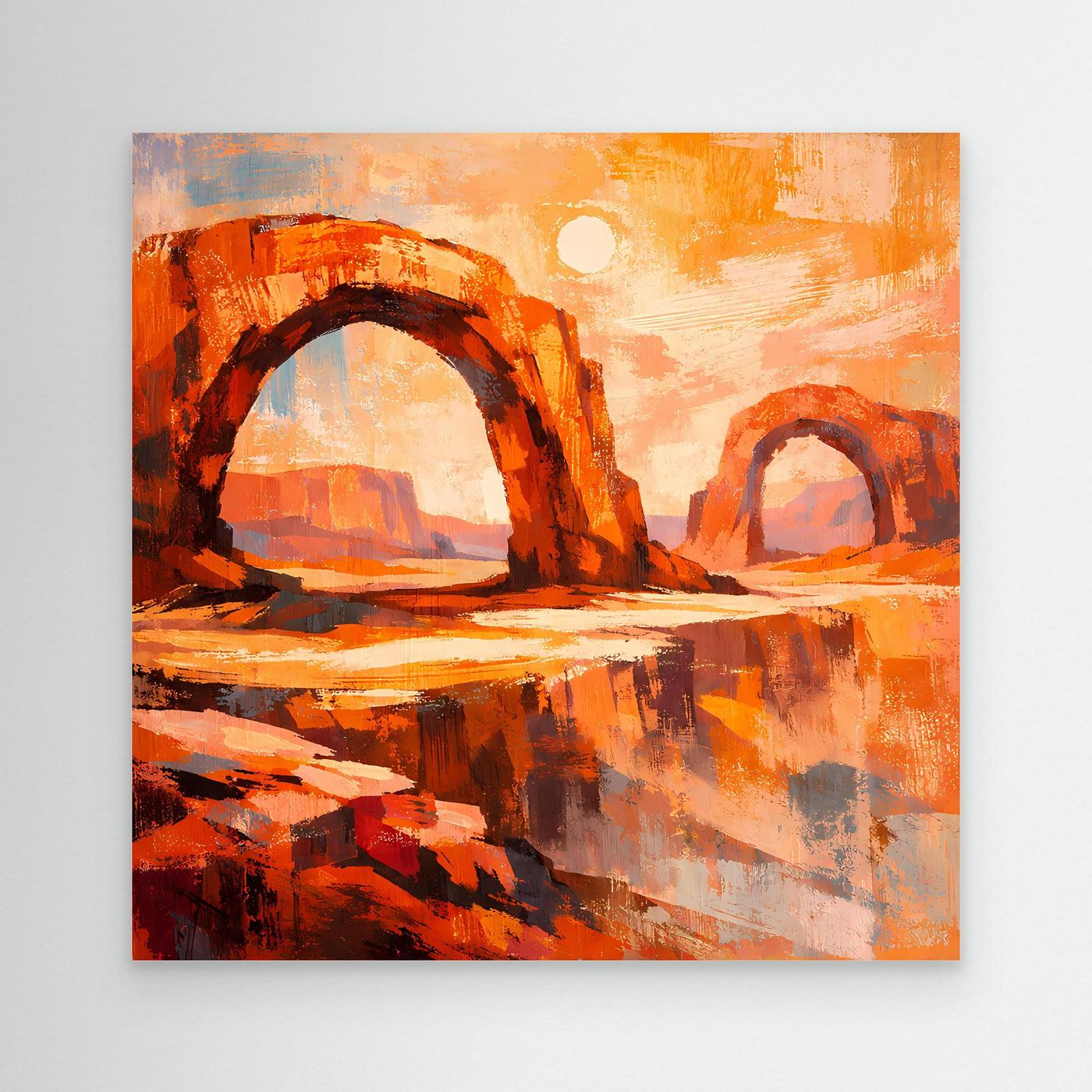 Abstraktes Leinwandbild: Canyonbögen in Orange mit Sonne, Wüstenlandschaft, ohne Rahmen