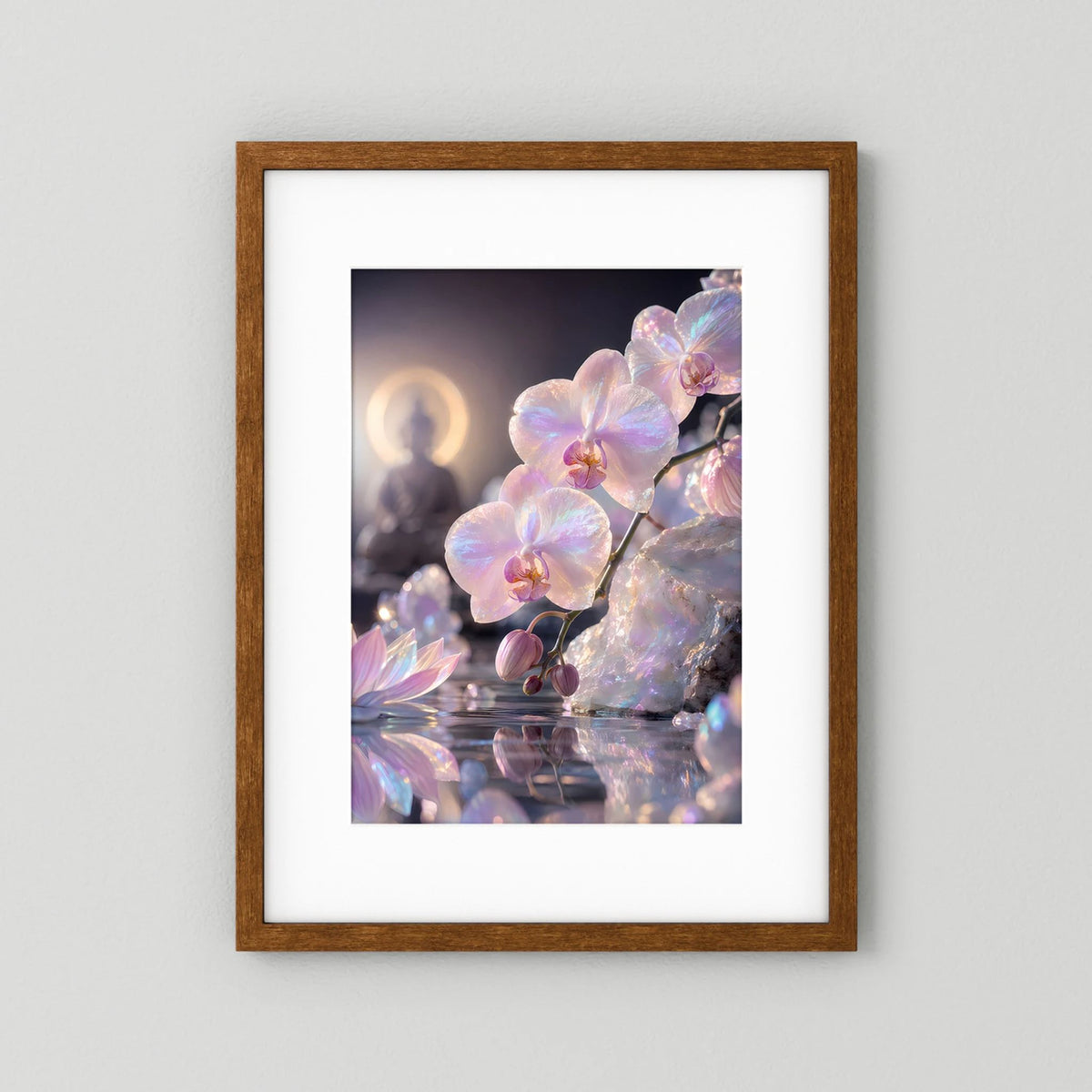 Hochformat-Poster mit Perlmutt-Orchideen, brauner Holzrahmen mit weißem Passepartout