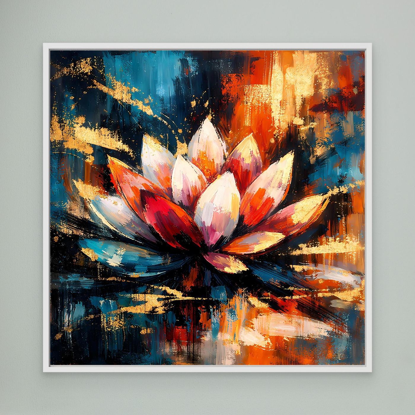 Leinwandbild mit abstrakter Lotusblüte, weiß gerahmt, in Rot, Blau und Gold