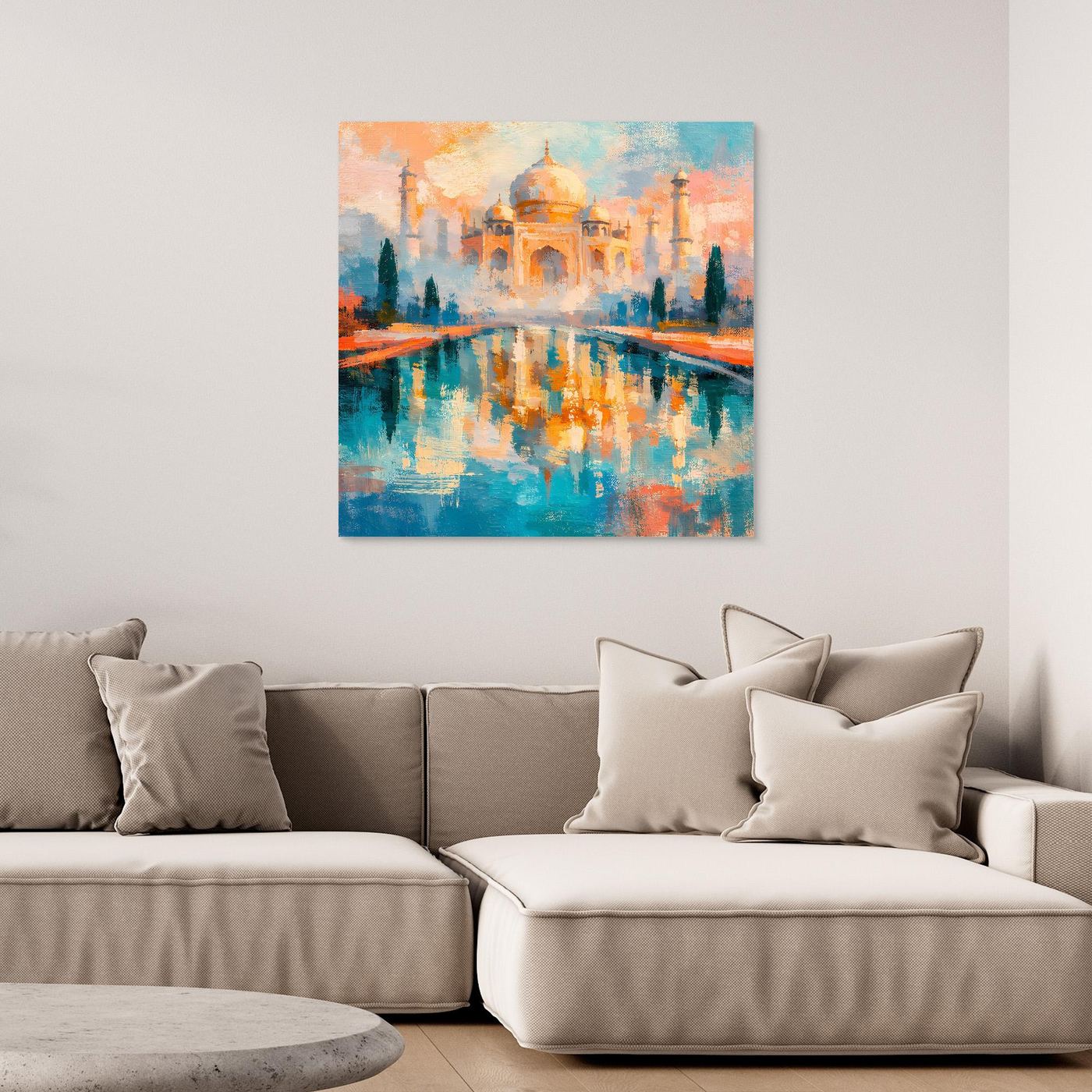 Unrahmtes Leinwand-Wandbild mit abstraktem Taj Mahal und spiegelnder Wasserfläche