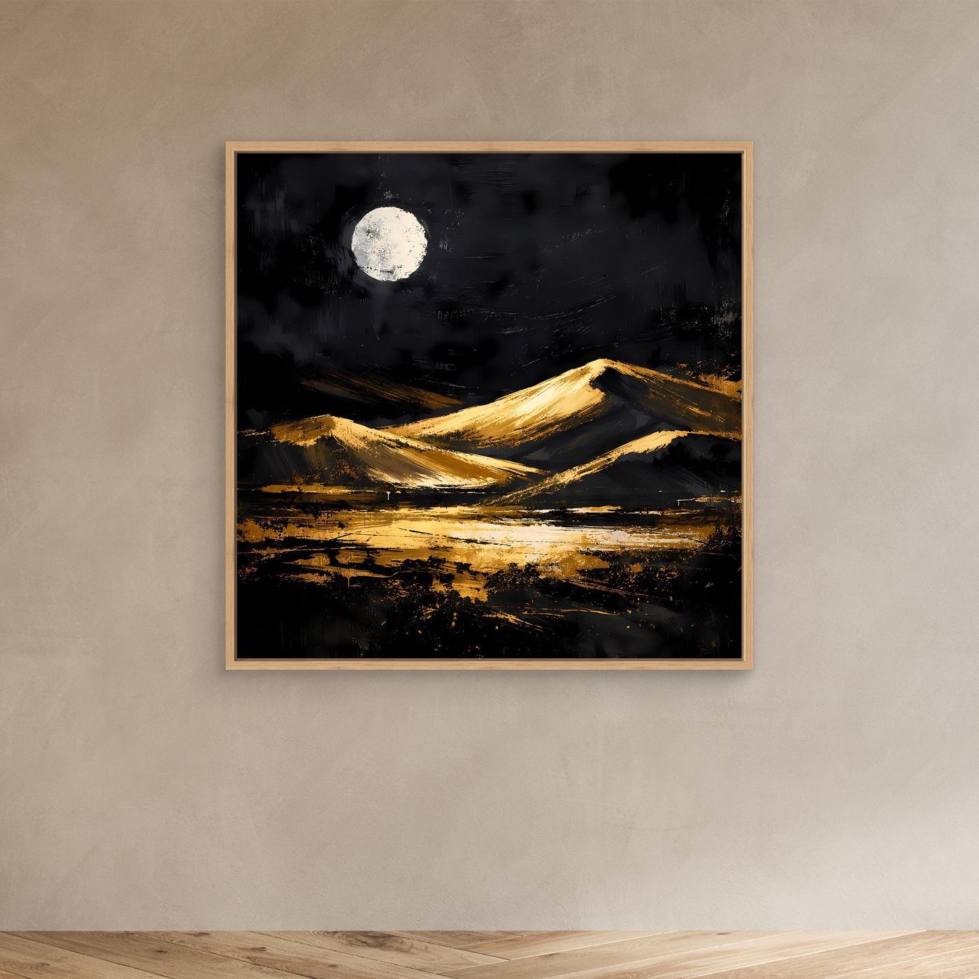 Leinwand Goldene Wüstendünen bei Vollmond | Modernes Abstraktes Landschafts Wandbild
