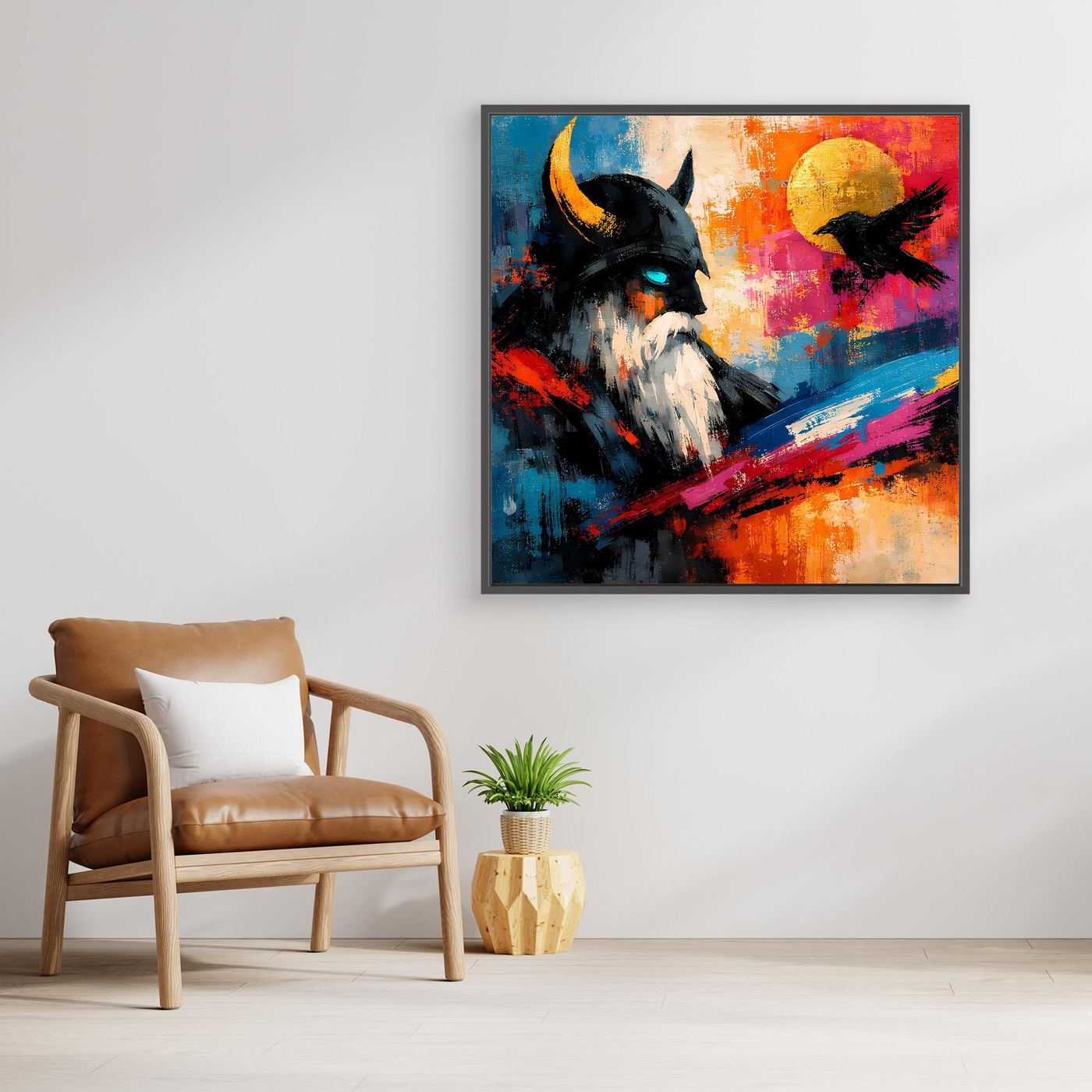 Abstraktes Leinwand-Wandbild von Odin mit Rabe, mit schwarzem Rahmen