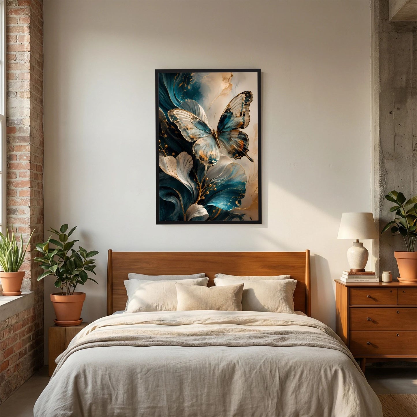 Eleganter Schmetterling in Petrol und Gold | Abstrakte florale Kunst | Poster Hochformat